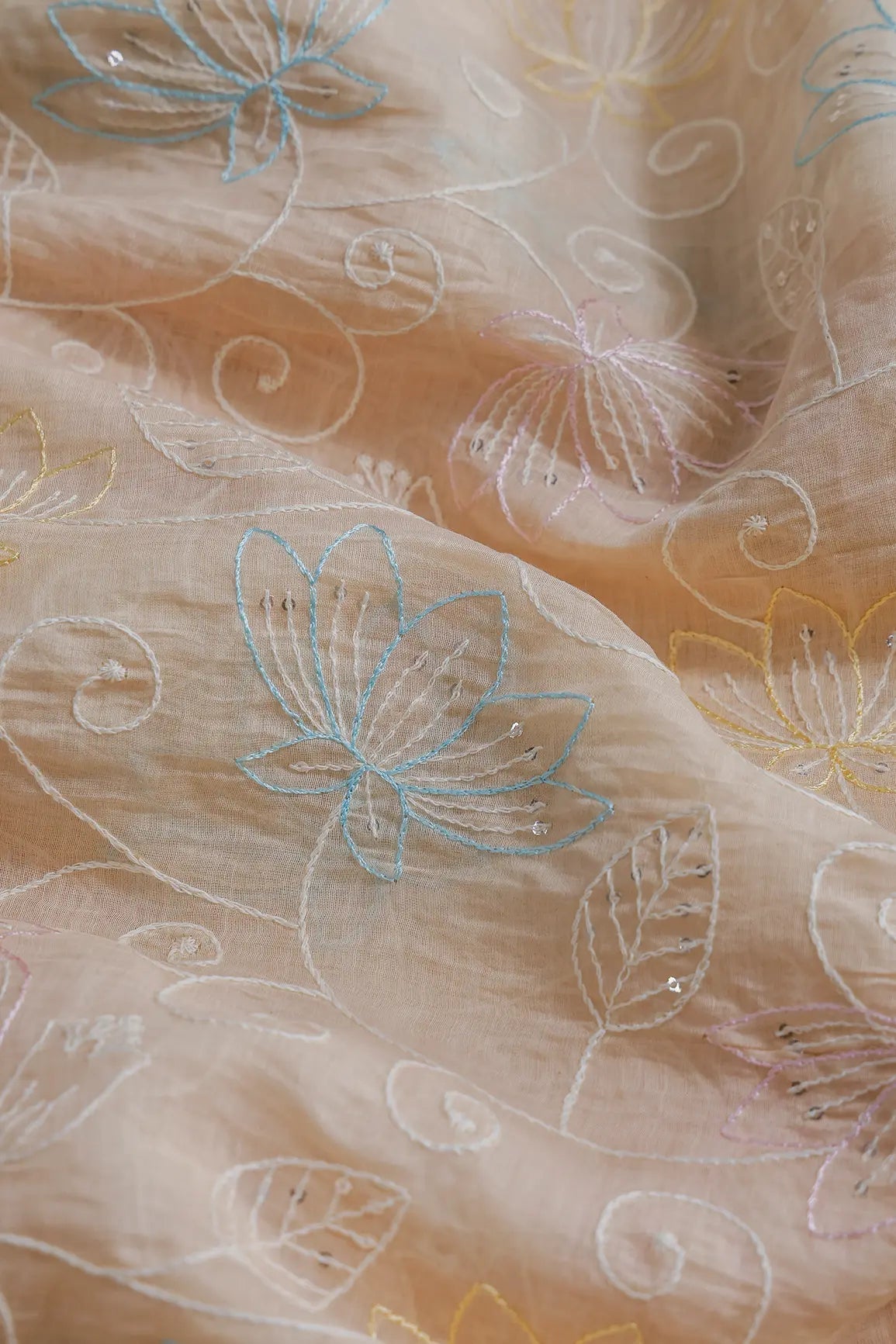 Beautiful Multi Thread With Sequins Floral Leafy Embroidery Work On Light Peach Pure Mul Chanderi Silk Fabric - doeraa