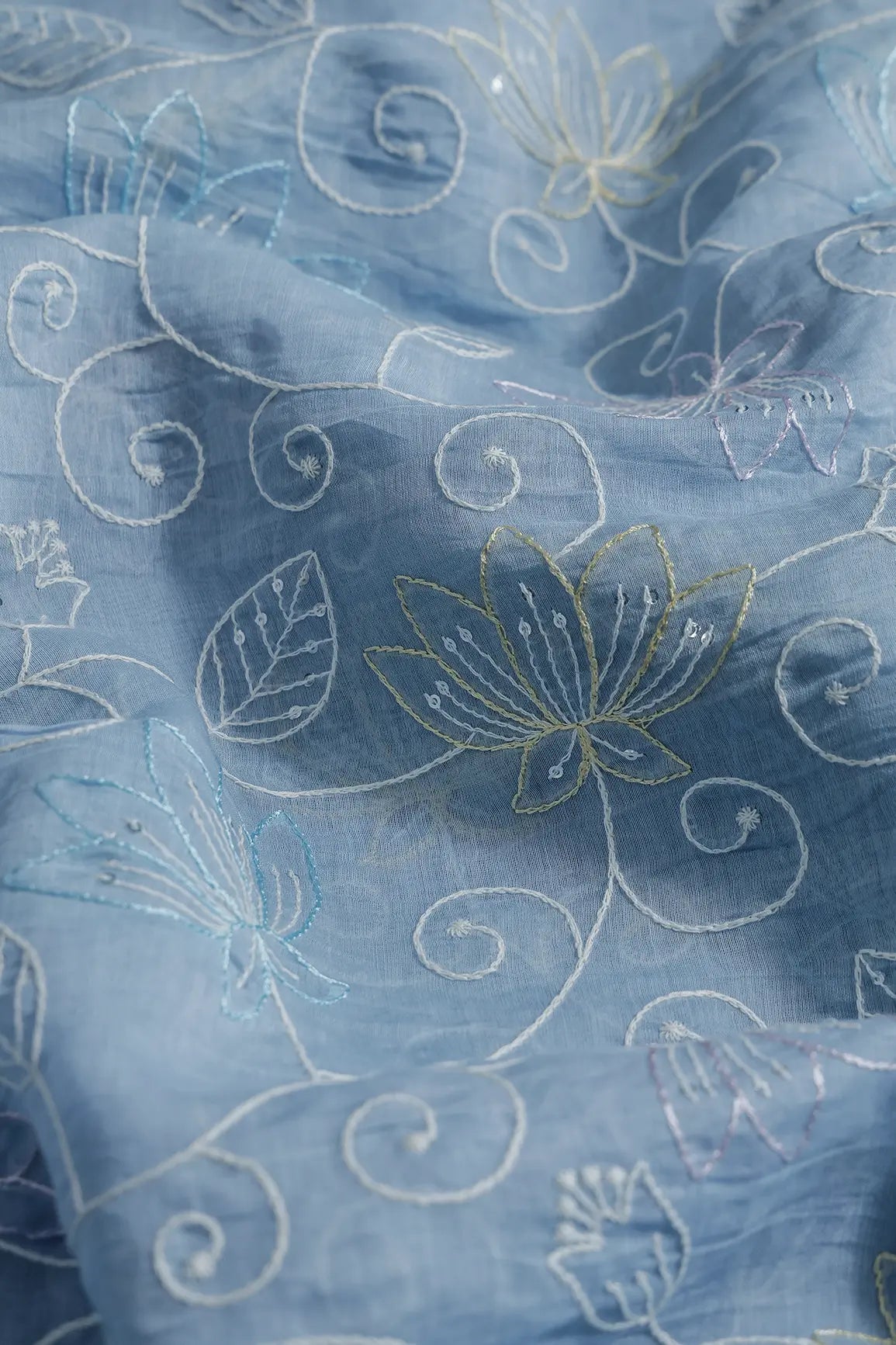 Beautiful Multi Thread With Sequins Floral Leafy Embroidery Work On Pastel Blue Pure Mul Chanderi Silk Fabric - doeraa