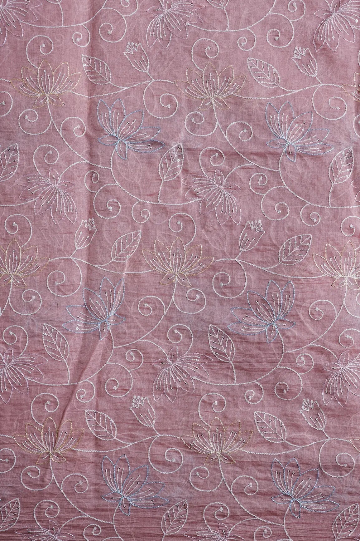Beautiful Multi Thread With Sequins Floral Leafy Embroidery Work On Pastel Pink Pure Mul Chanderi Silk Fabric - doeraa