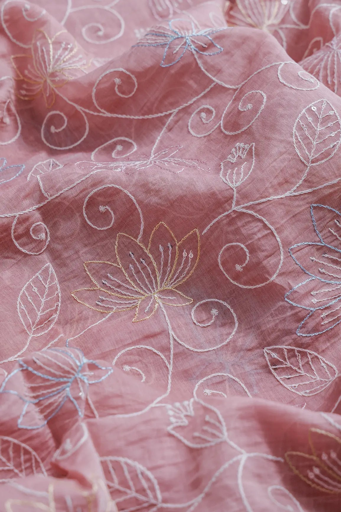 Beautiful Multi Thread With Sequins Floral Leafy Embroidery Work On Pastel Pink Pure Mul Chanderi Silk Fabric - doeraa