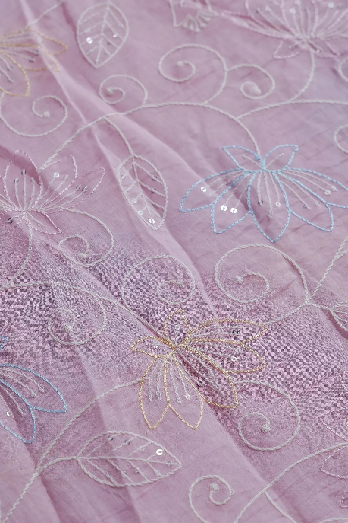 Beautiful Multi Thread With Sequins Floral Leafy Embroidery Work On Pink Pure Mul Chanderi Silk Fabric - doeraa