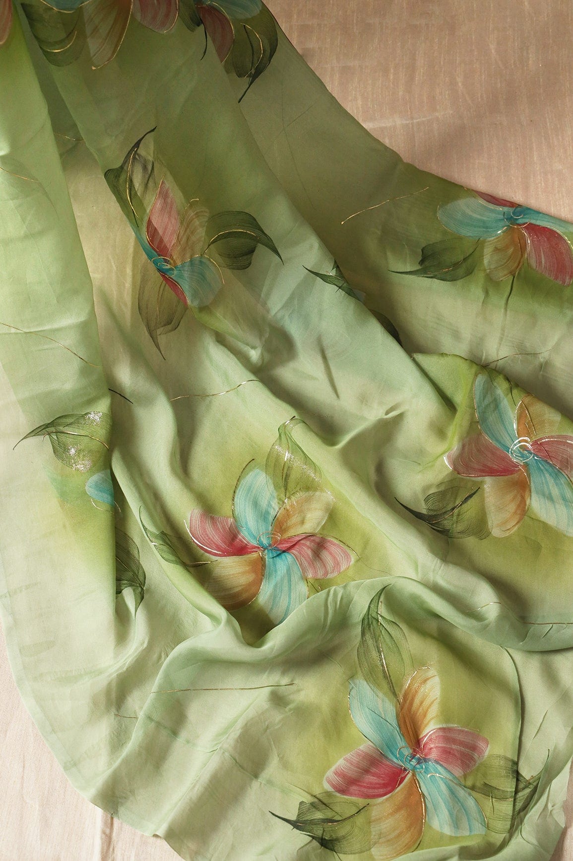 Beautiful Multicolor Floral Hand Painted With Foil Work On Olive Pure Organza Saree ( 5.5 Meters) - doeraa