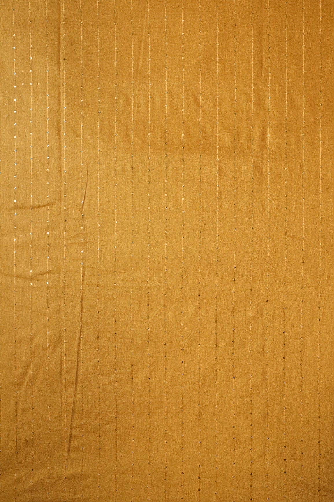 Beautiful Mustard Thread With Gold Sequins Stripes Embroidery On Mustard Viscose Chanderi Silk Fabric - doeraa