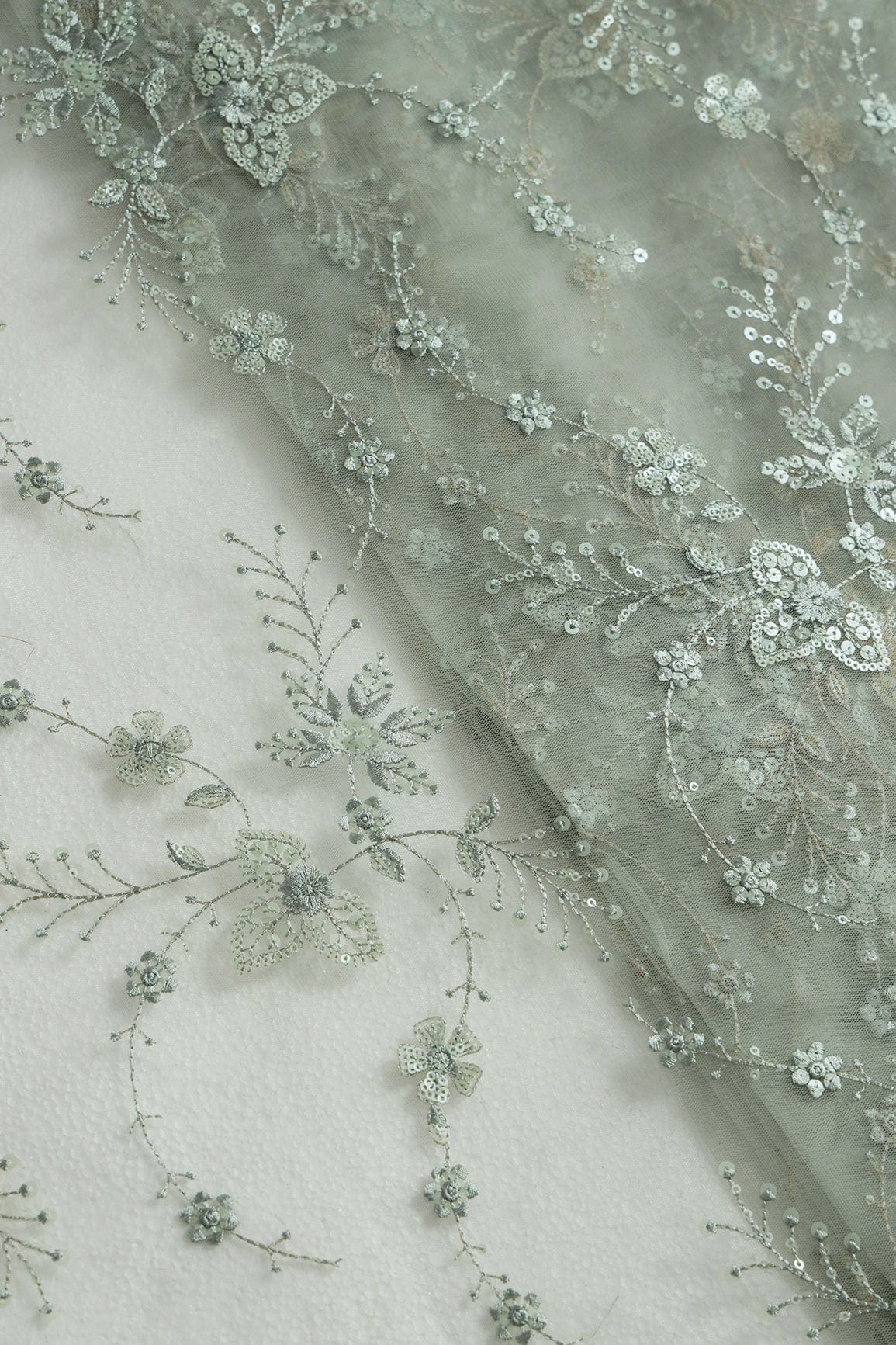 Beautiful Olive Thread With Sequins Floral Embroidery Work On Dusty Olive Soft Net Fabric - doeraa