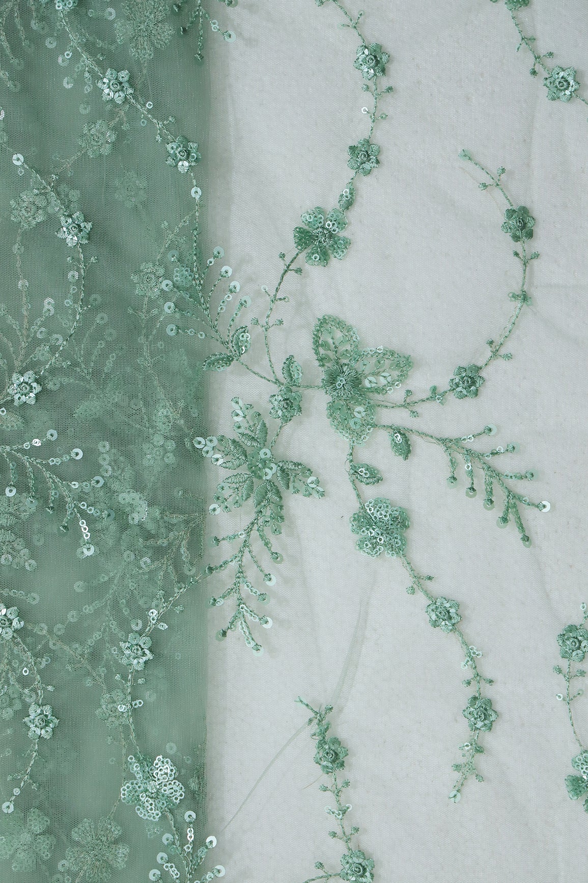 Beautiful Olive Thread With Sequins Floral Embroidery Work On Olive Soft Net Fabric - doeraa
