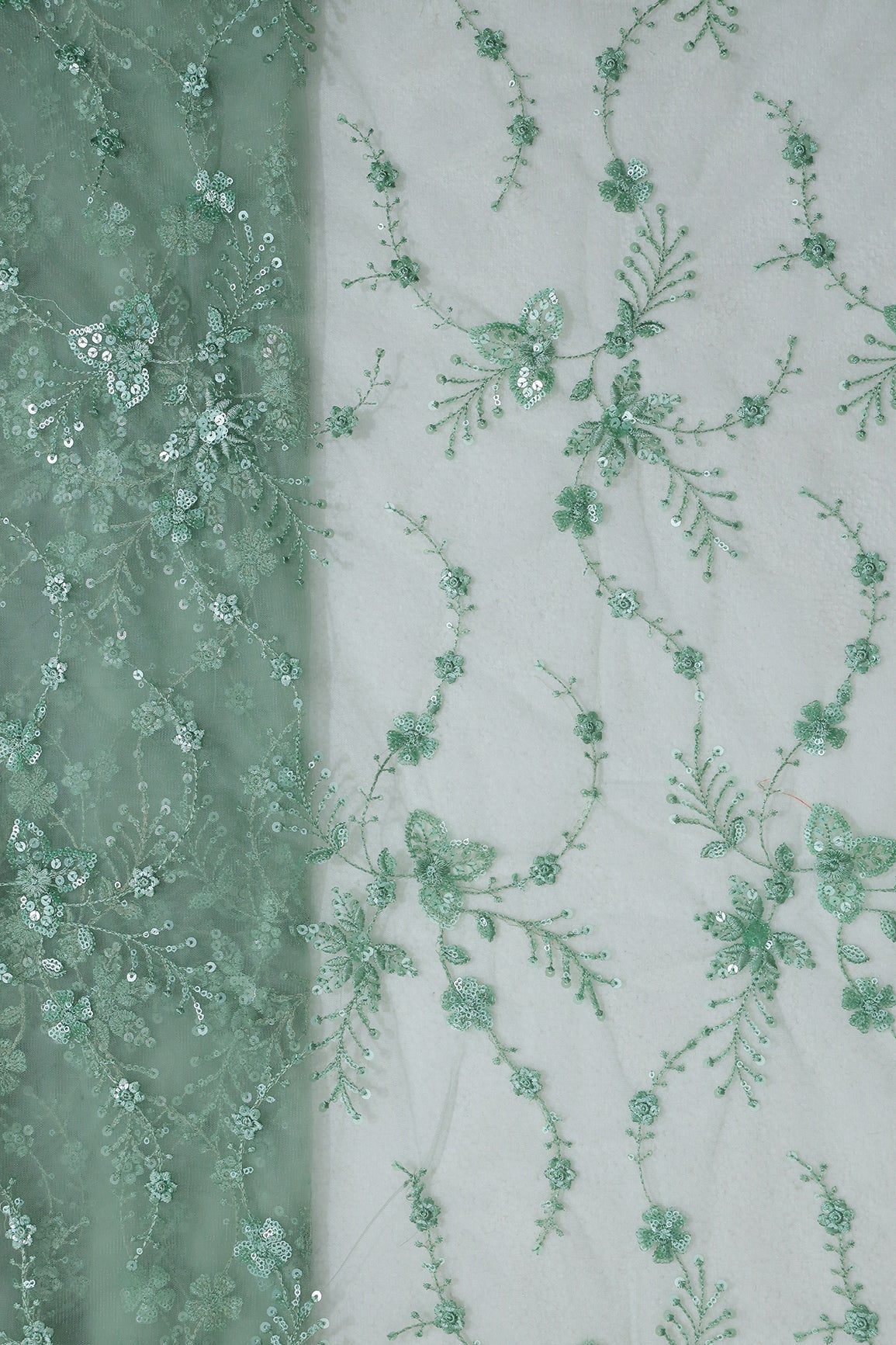 Beautiful Olive Thread With Sequins Floral Embroidery Work On Olive Soft Net Fabric - doeraa