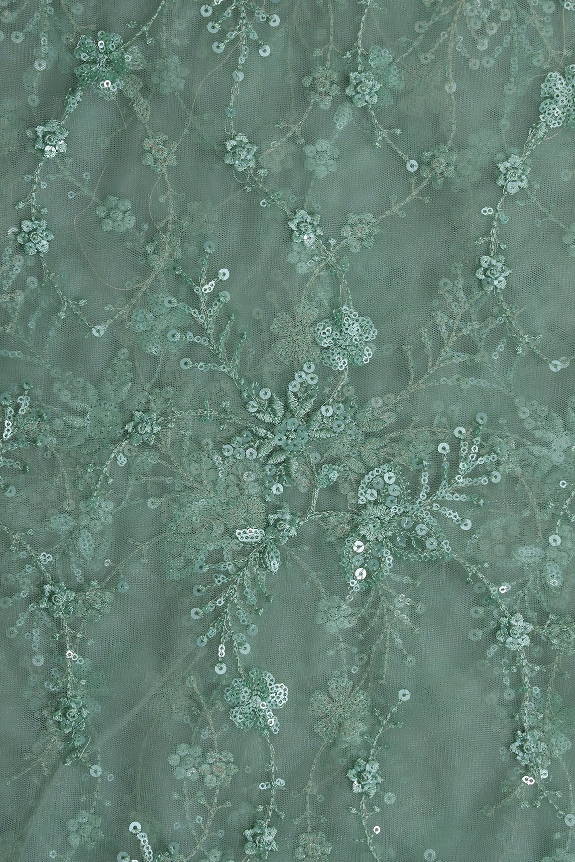 Beautiful Olive Thread With Sequins Floral Embroidery Work On Olive Soft Net Fabric - doeraa