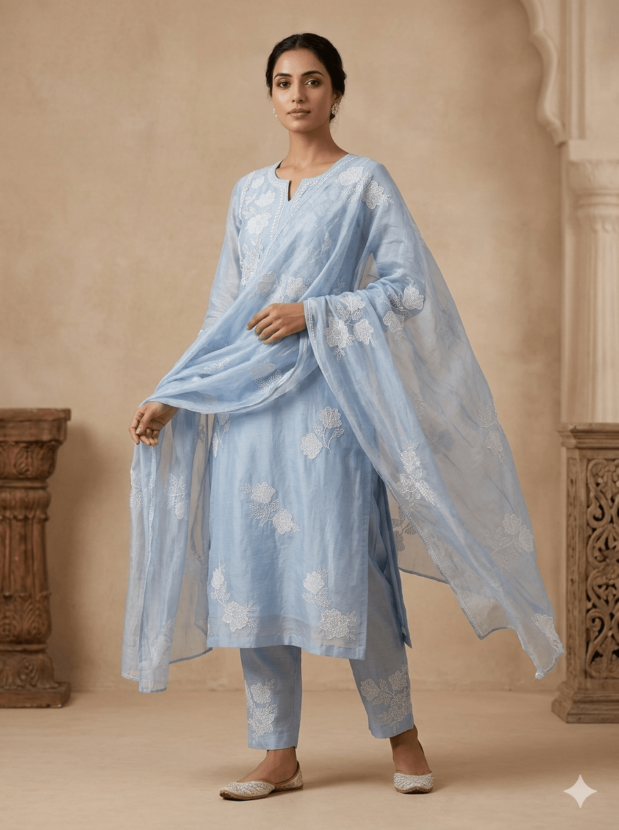 Beautiful Patch Work With Beads Embroidery On Pastel Blue Pure Mul Chanderi Silk Fabric - doeraa