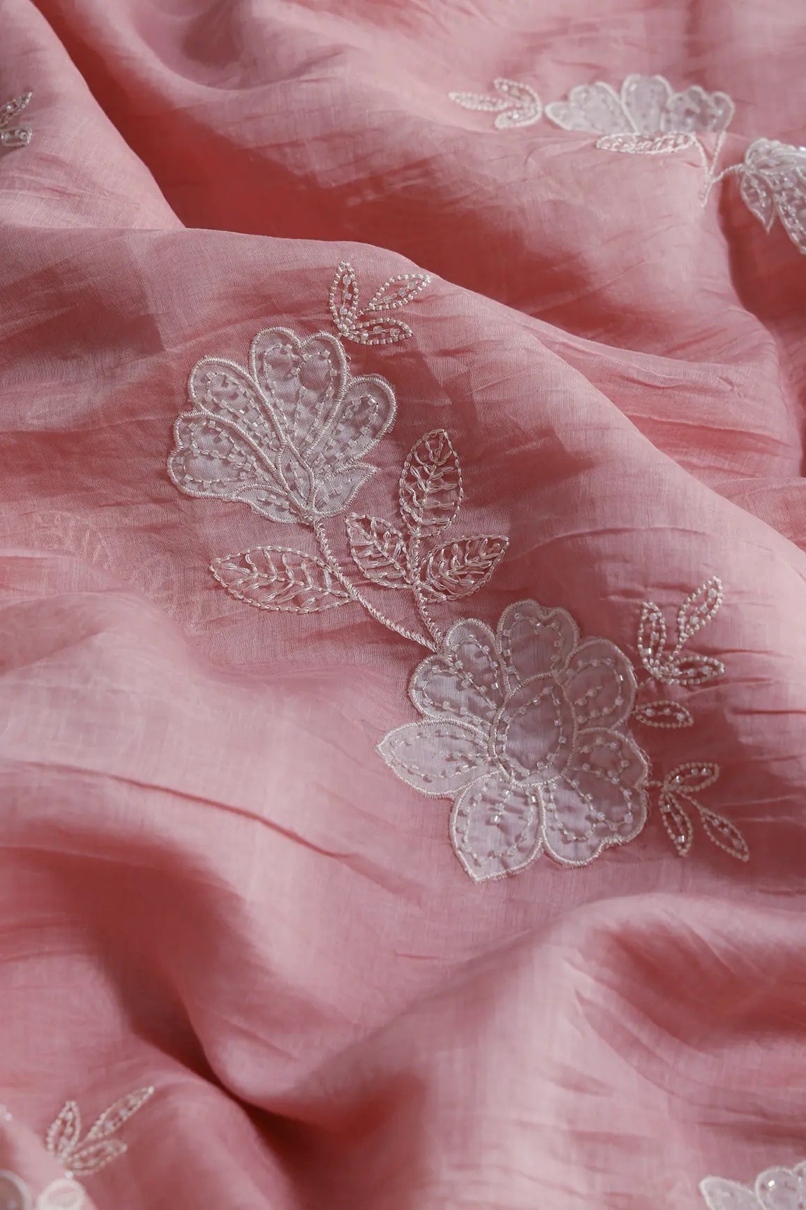 Beautiful Patch Work With Beads Embroidery On Pastel Pink Pure Mul Chanderi Silk Fabric - doeraa
