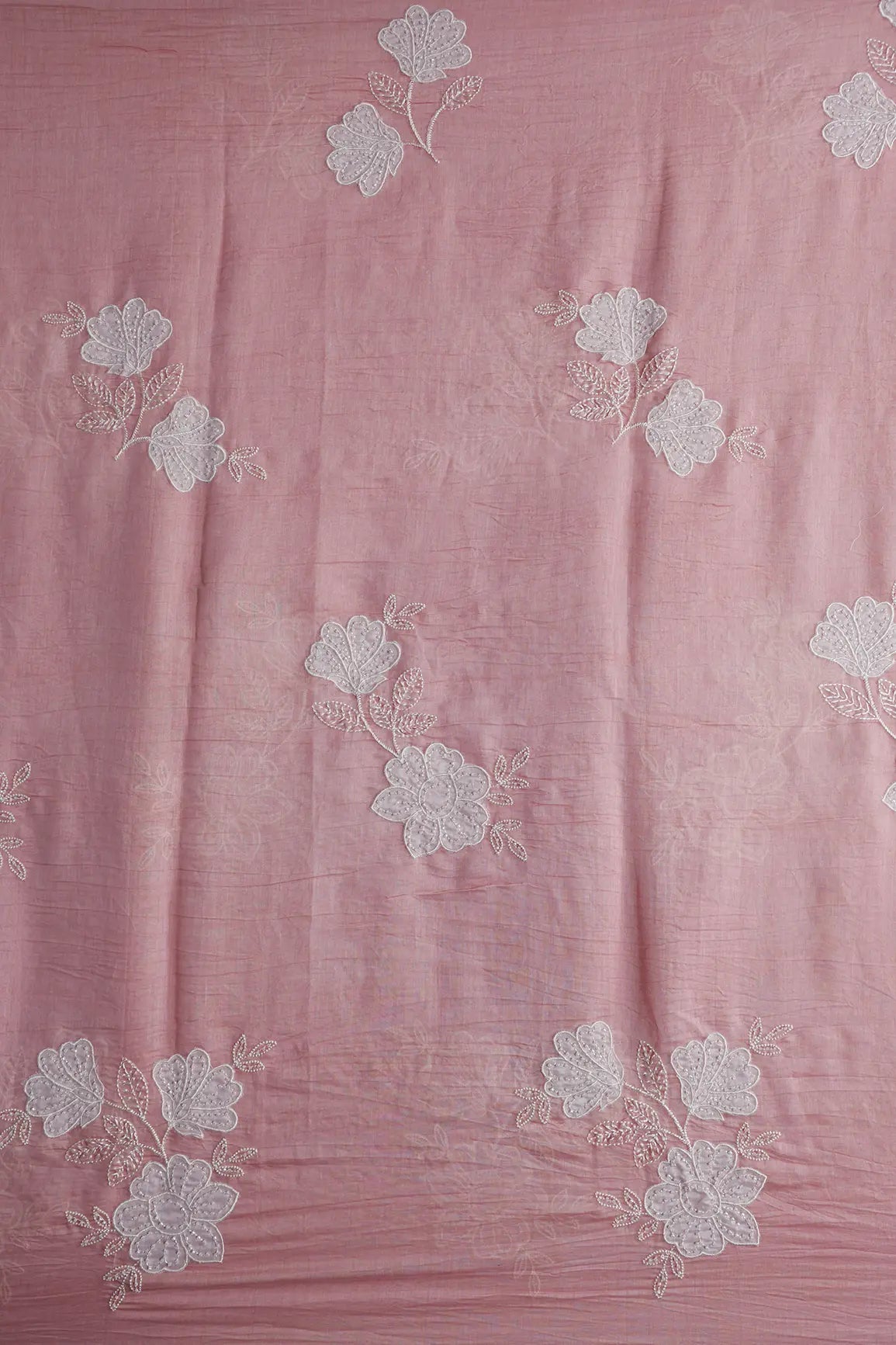 Beautiful Patch Work With Beads Embroidery On Pastel Pink Pure Mul Chanderi Silk Fabric - doeraa