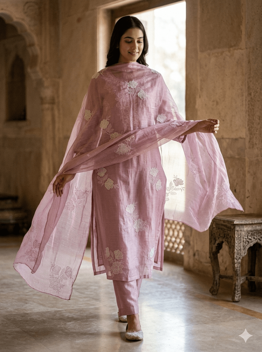 Beautiful Patch Work With Beads Embroidery On Pastel Pink Pure Mul Chanderi Silk Fabric - doeraa