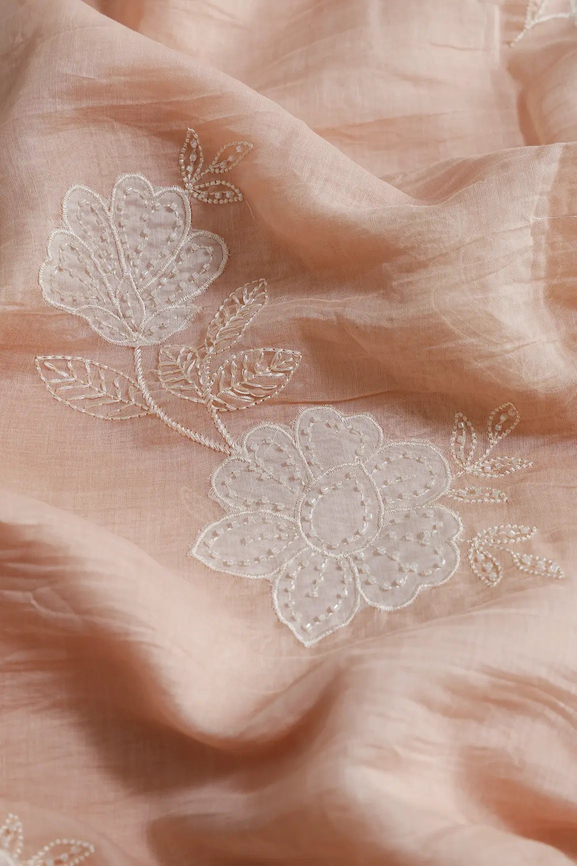 Beautiful Patch Work With Beads Embroidery On Peach Pure Mul Chanderi Silk Fabric - doeraa