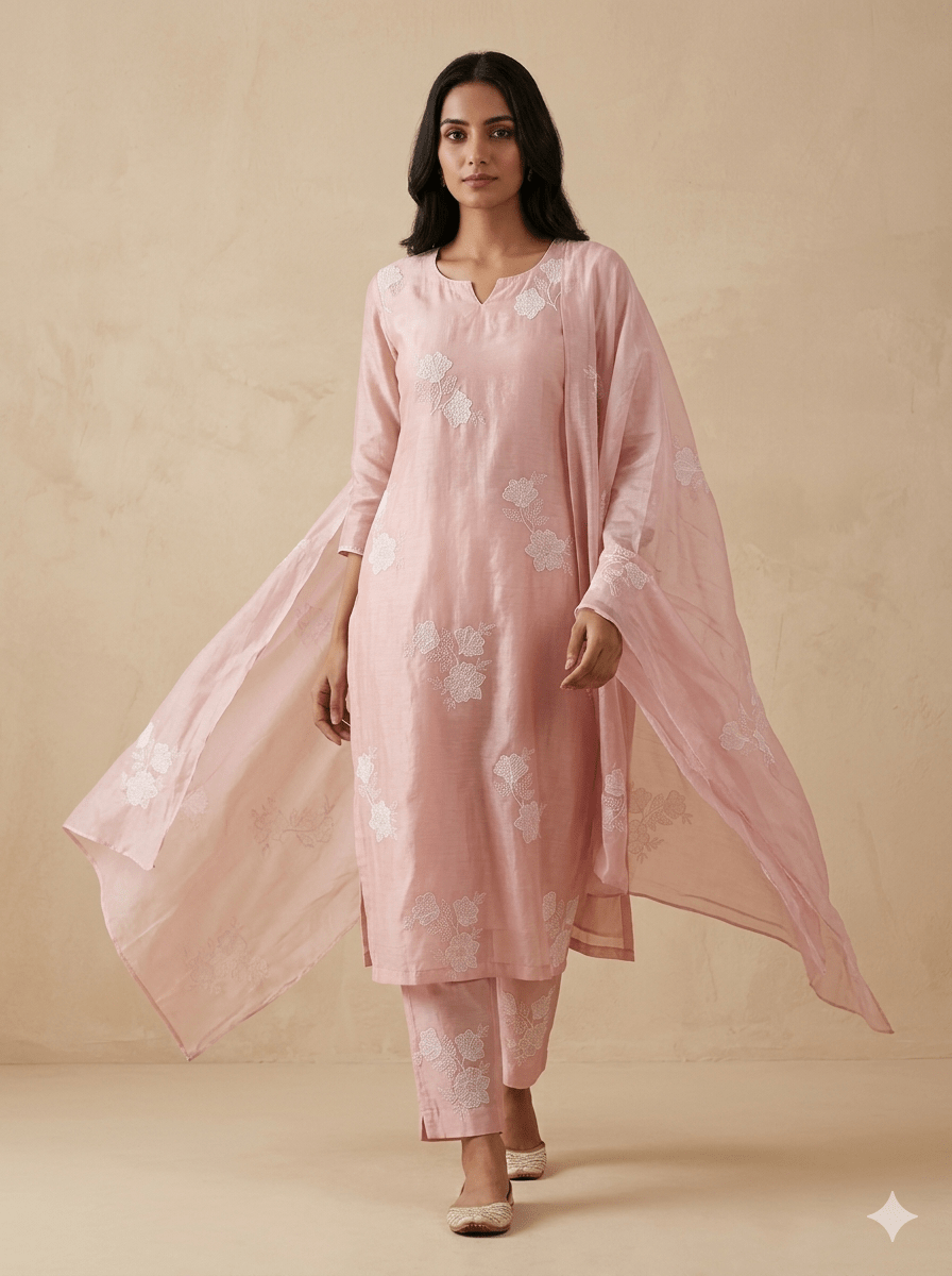 Beautiful Patch Work With Beads Embroidery On Peach Pure Mul Chanderi Silk Fabric - doeraa