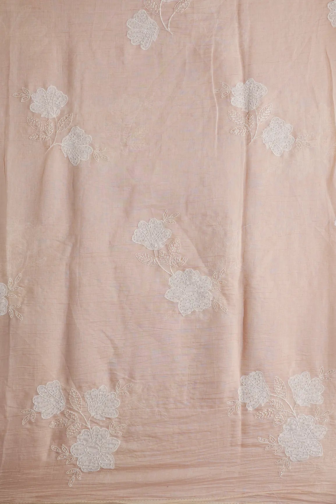 Beautiful Patch Work With Beads Embroidery On Peach Pure Mul Chanderi Silk Fabric - doeraa