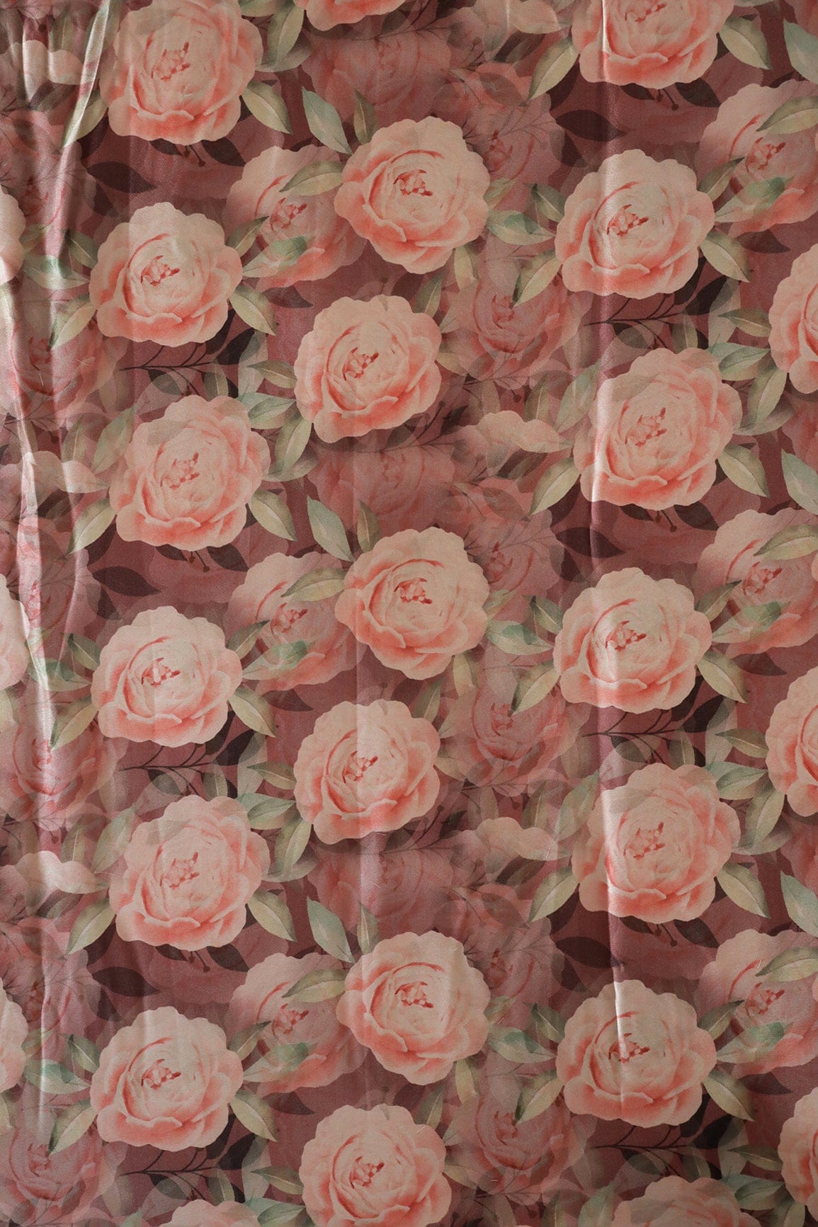 Beautiful Peach Floral Pattern Digital Print On Brown Satin Fabric - doeraa