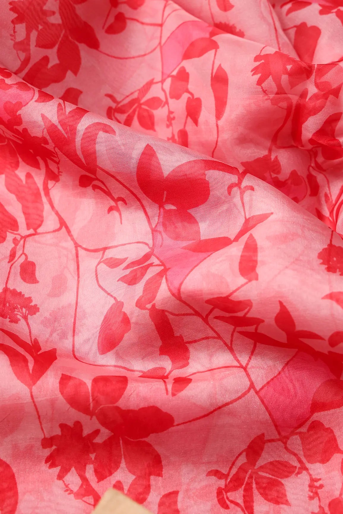 Beautiful Red Floral Pattern Digital Print On Light Pink Organza Fabric - doeraa