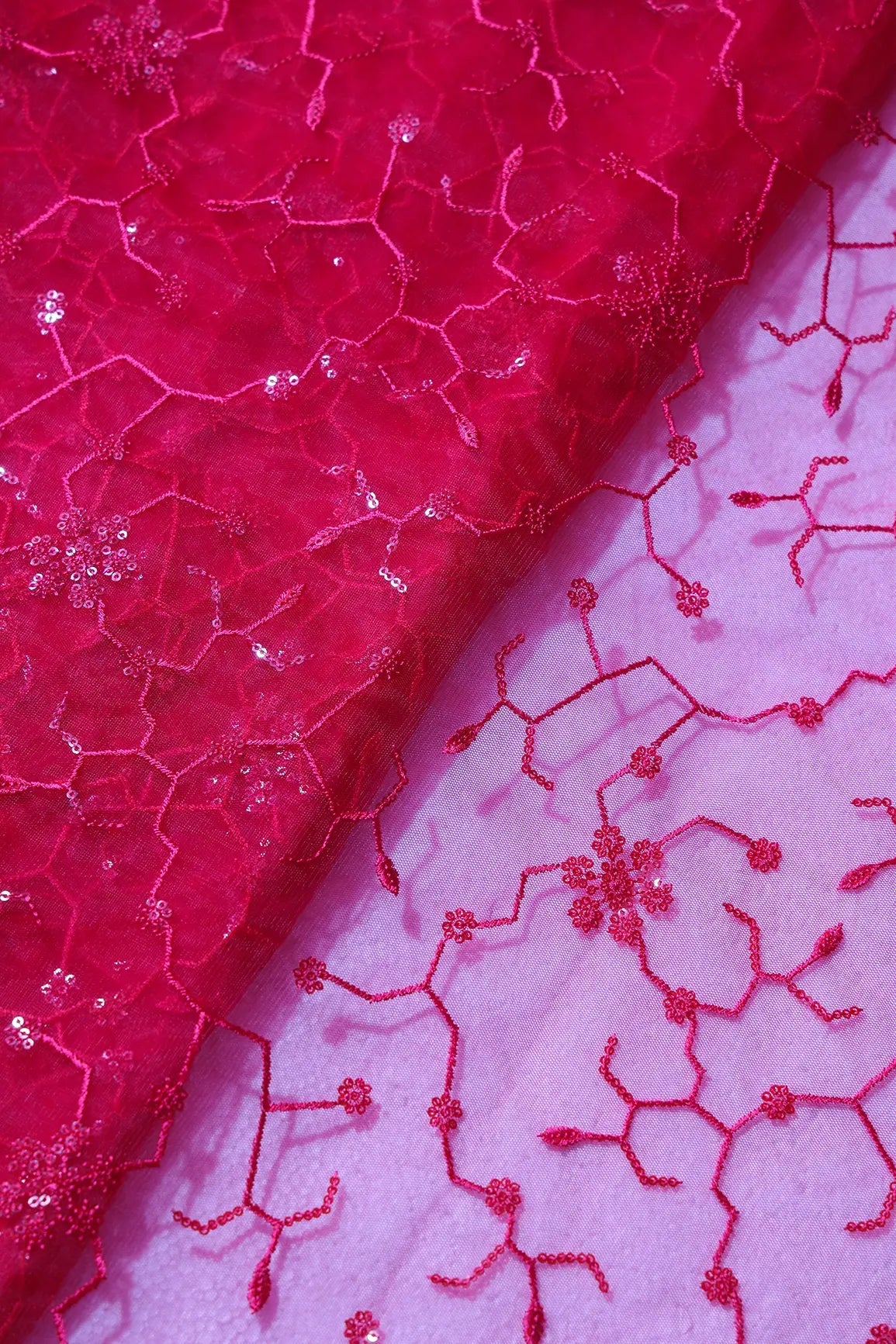 Beautiful Red Sequins Small Floral Embroidery On Cherry Red Soft Net Fabric - doeraa