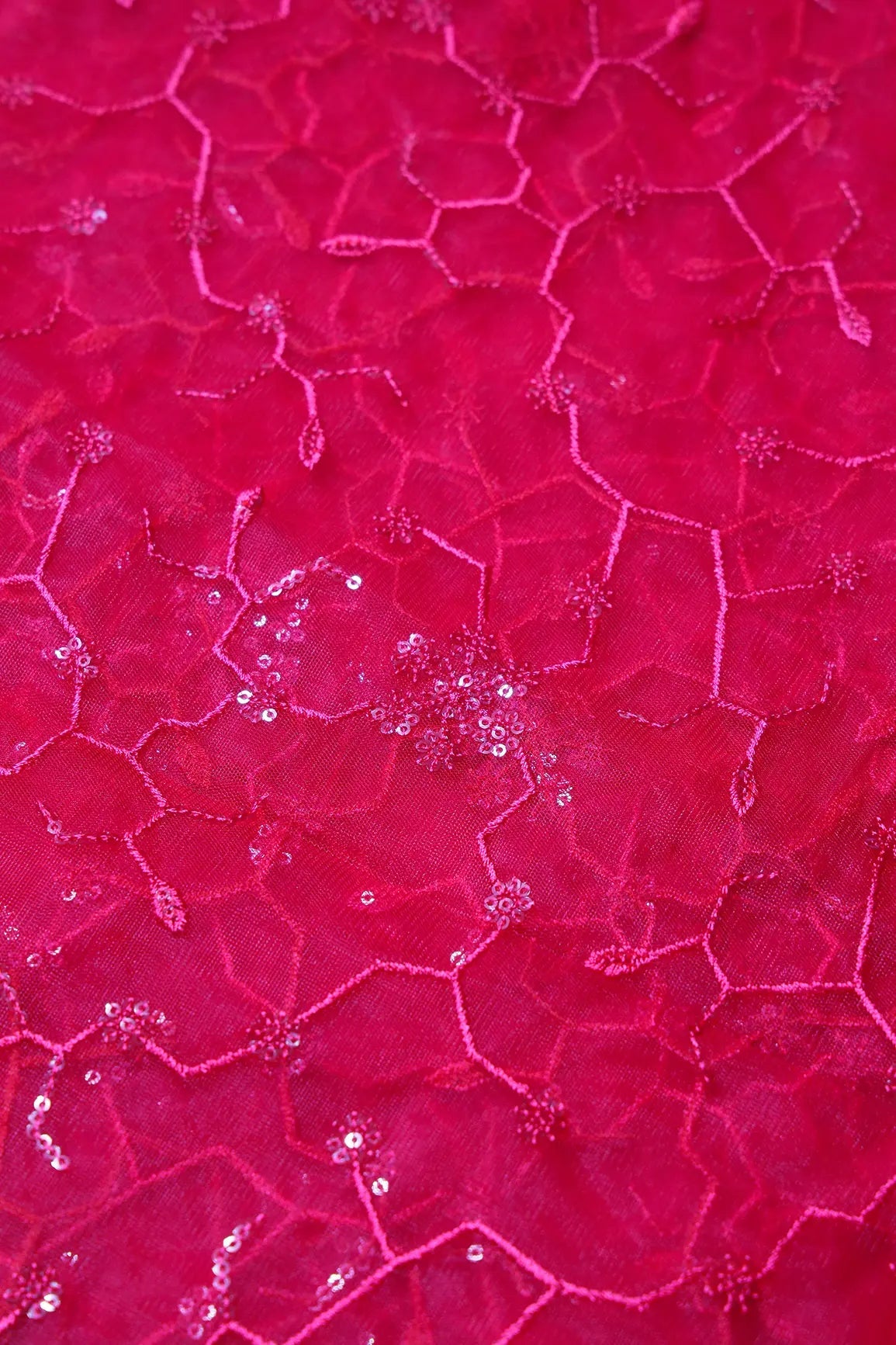 Beautiful Red Sequins Small Floral Embroidery On Cherry Red Soft Net Fabric - doeraa