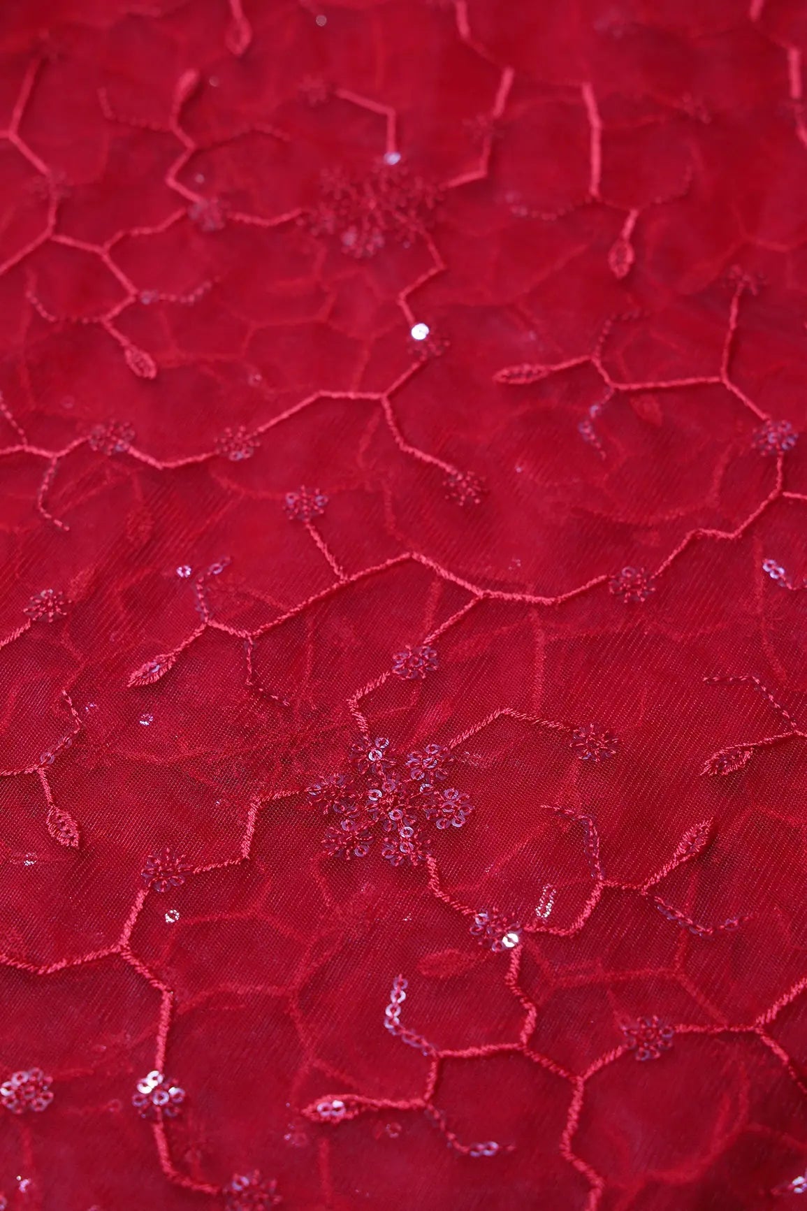 Beautiful Red Sequins Small Floral Embroidery On Red Soft Net Fabric - doeraa