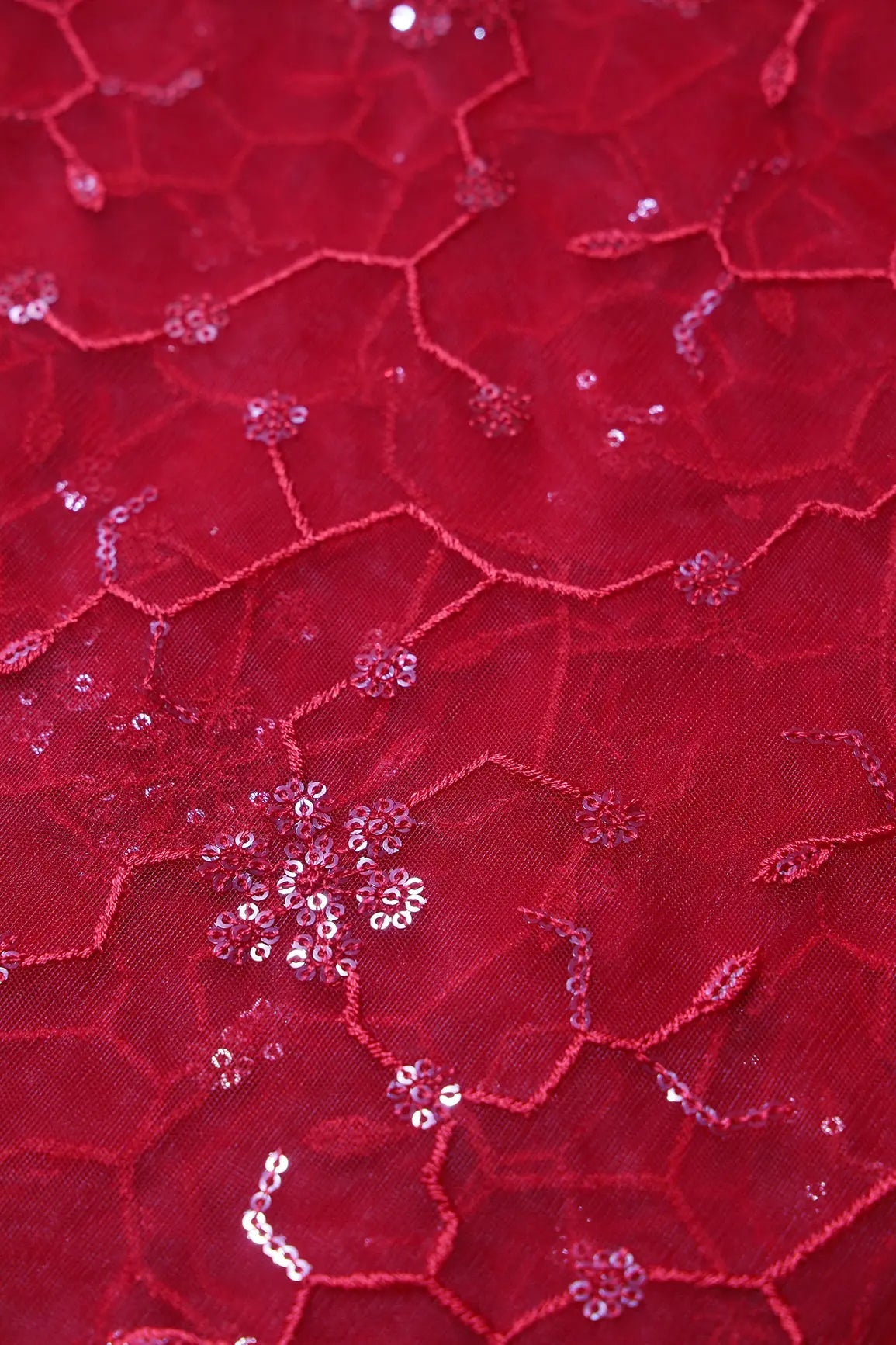 Beautiful Red Sequins Small Floral Embroidery On Red Soft Net Fabric - doeraa