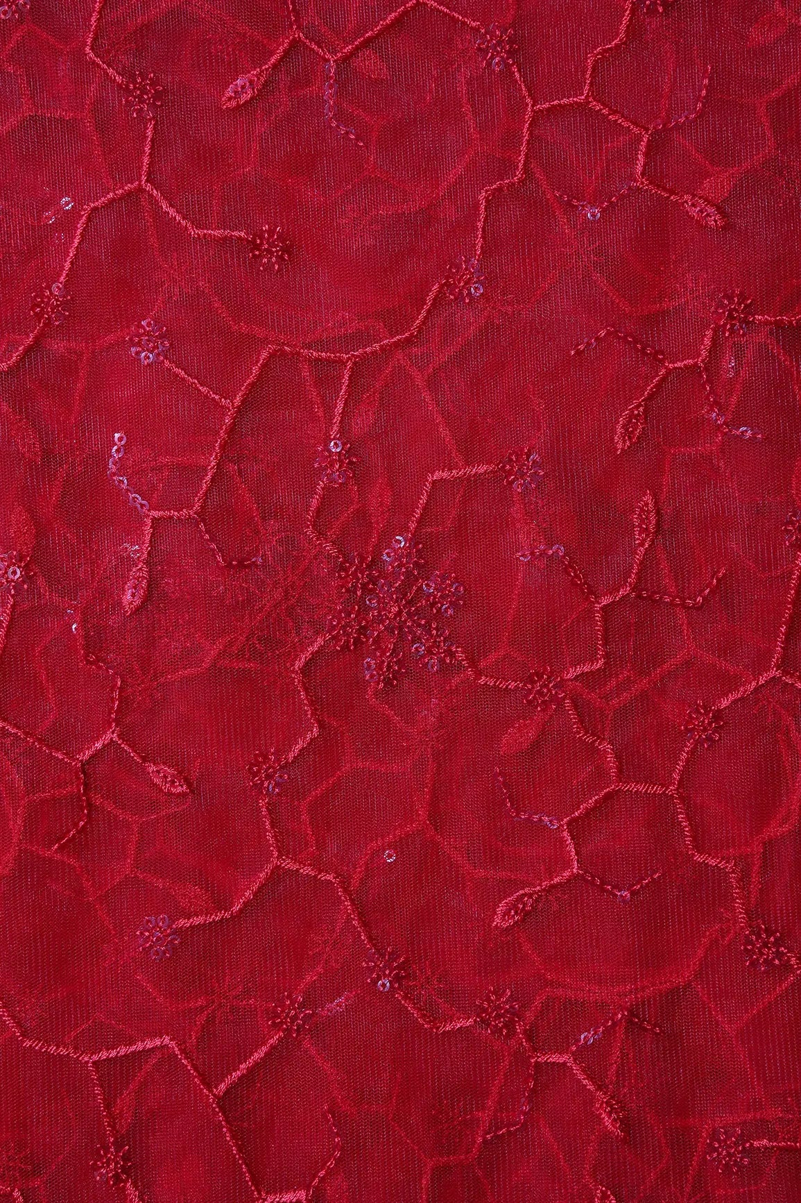 Beautiful Red Sequins Small Floral Embroidery On Red Soft Net Fabric - doeraa