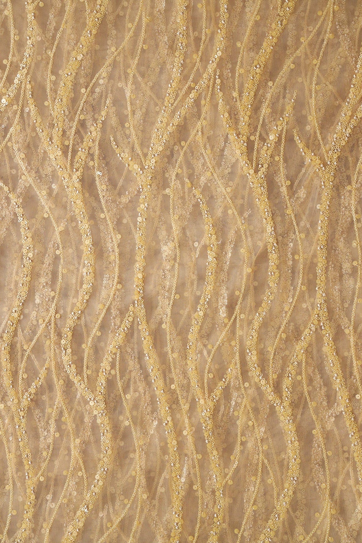 Beautiful Sequins With Beige Thread Wavy Embroidery Work On Beige Soft Net Fabric - doeraa