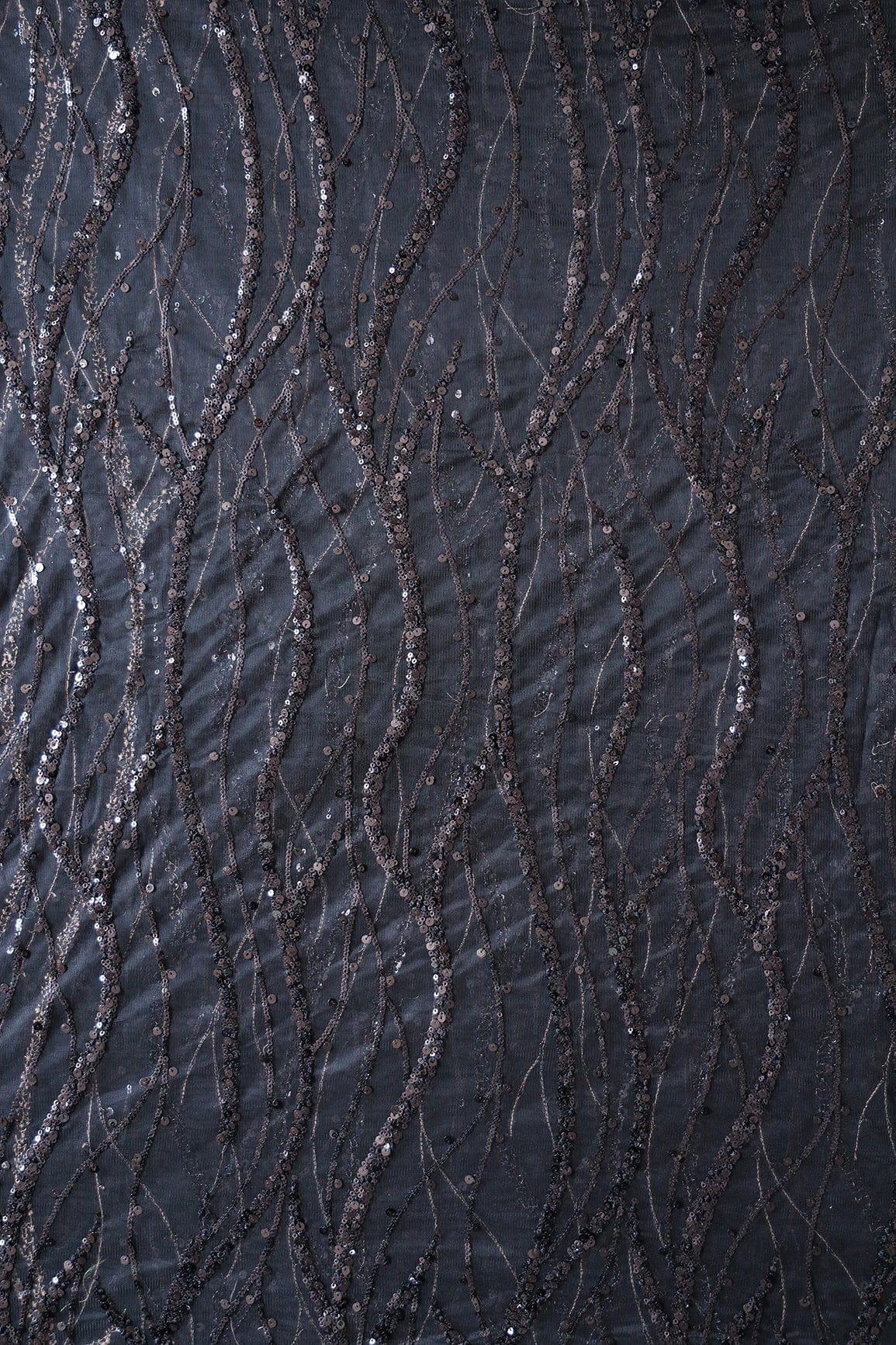 Beautiful Sequins With Black Thread Wavy Embroidery Work On Black Soft Net Fabric - doeraa