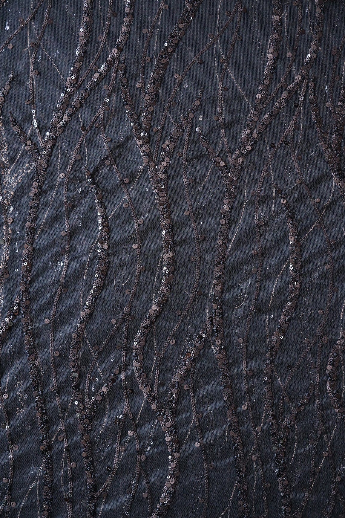 Beautiful Sequins With Black Thread Wavy Embroidery Work On Black Soft Net Fabric - doeraa