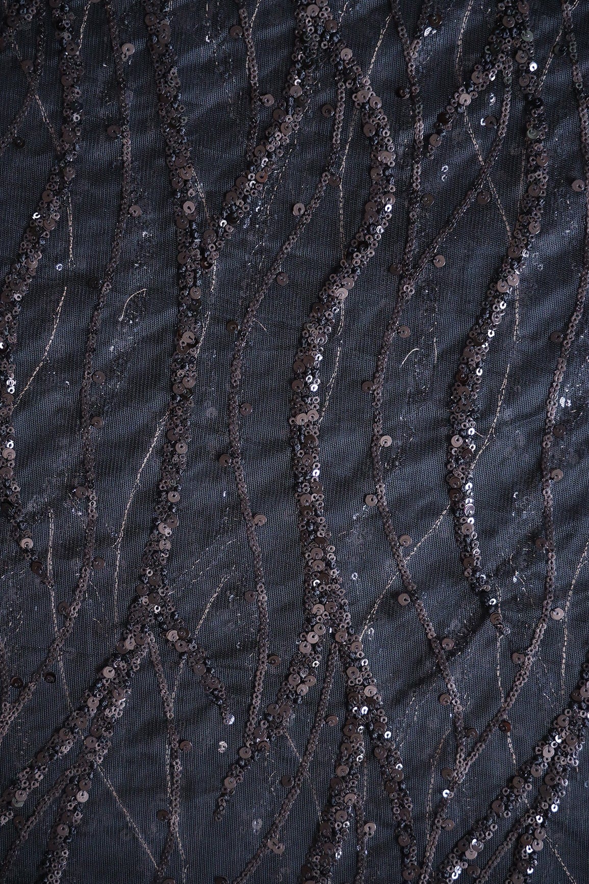 Beautiful Sequins With Black Thread Wavy Embroidery Work On Black Soft Net Fabric - doeraa