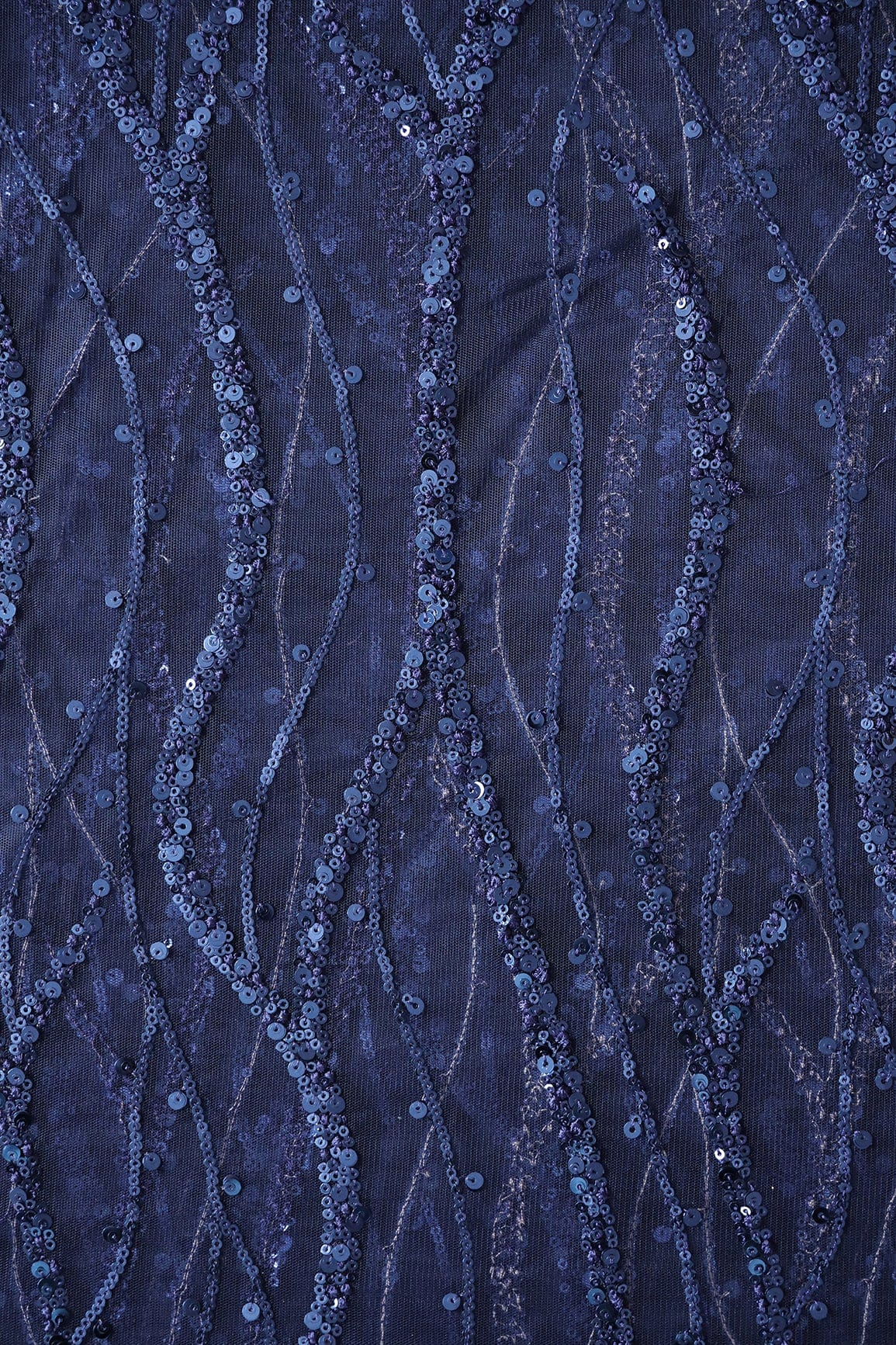 Beautiful Sequins With Blue Thread Wavy Embroidery Work On Navy Blue Soft Net Fabric - doeraa