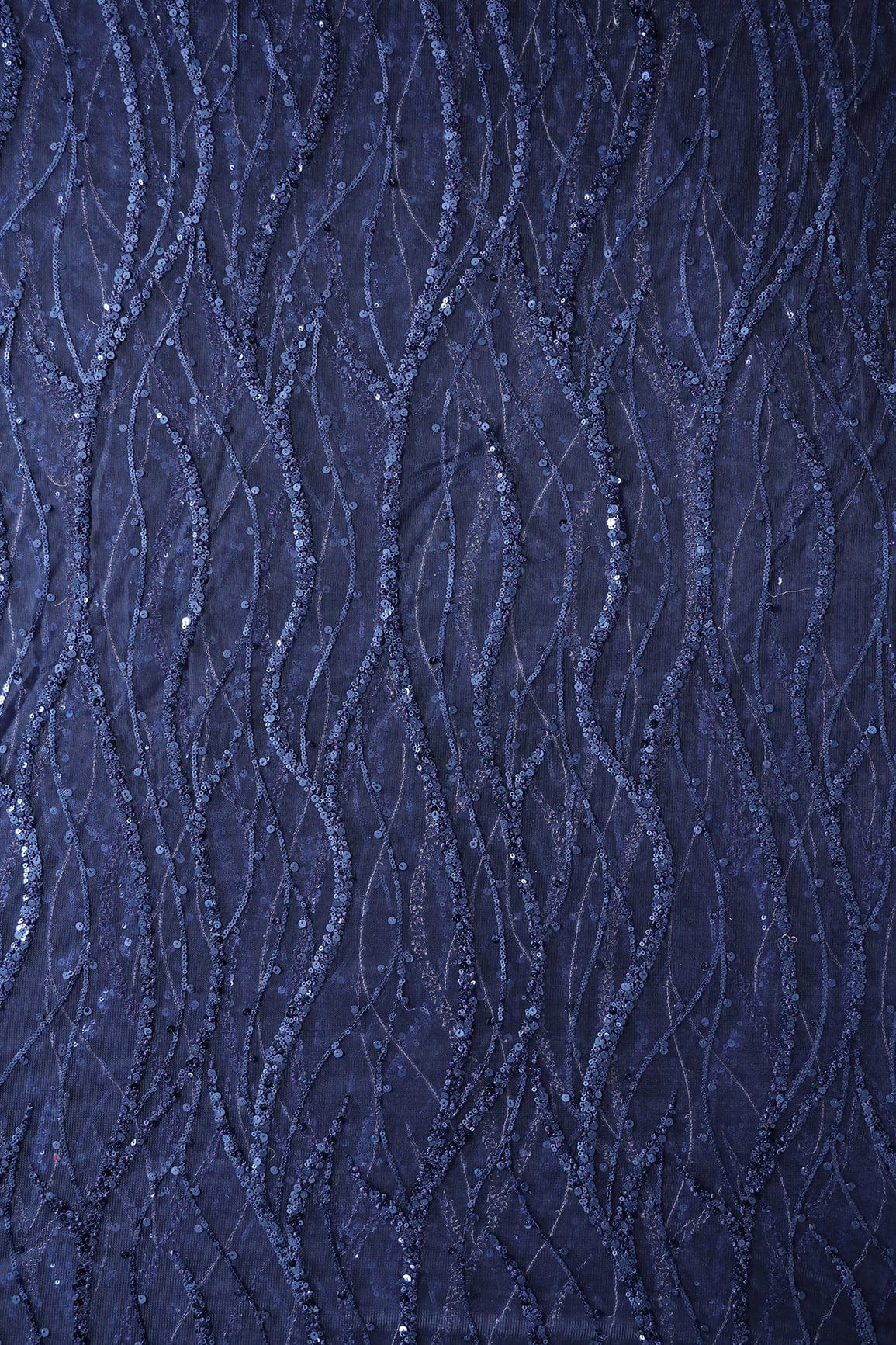 Beautiful Sequins With Blue Thread Wavy Embroidery Work On Navy Blue Soft Net Fabric - doeraa