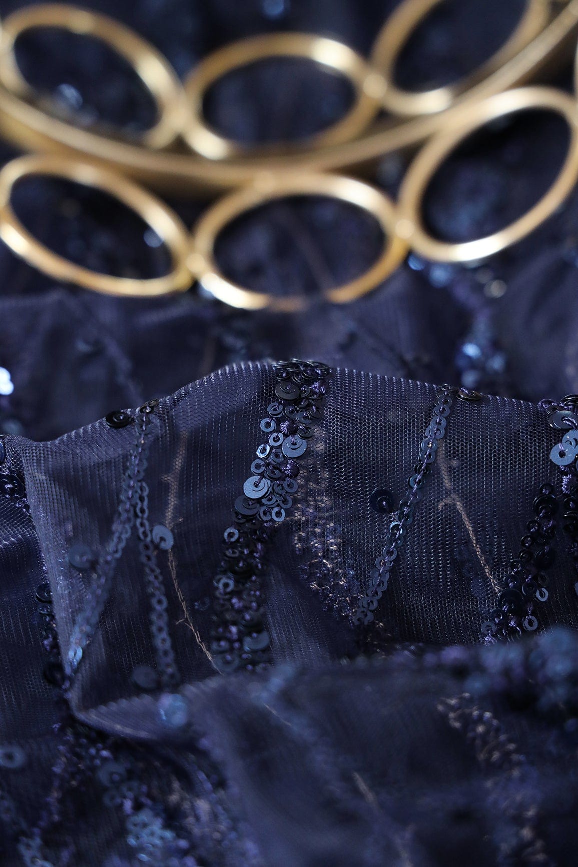 Beautiful Sequins With Blue Thread Wavy Embroidery Work On Navy Blue Soft Net Fabric - doeraa