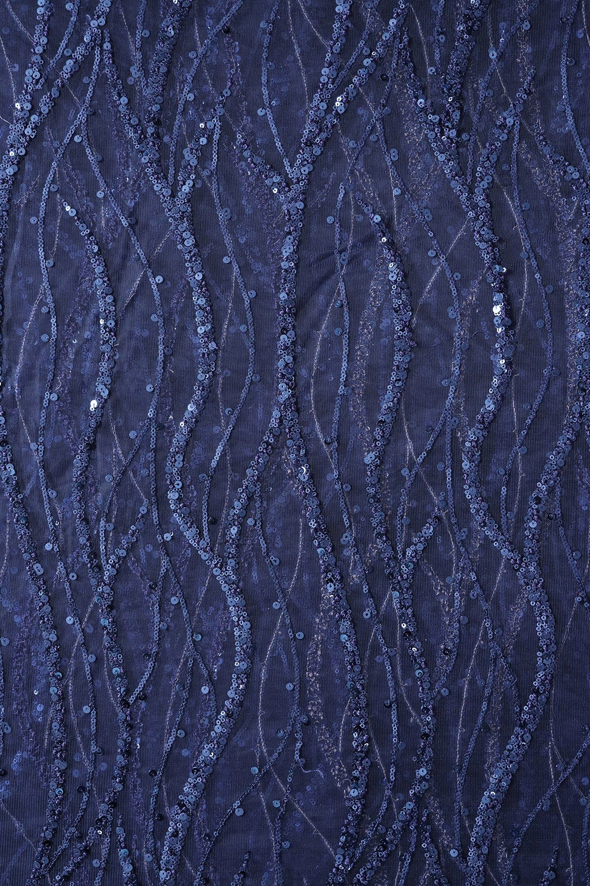 Beautiful Sequins With Blue Thread Wavy Embroidery Work On Navy Blue Soft Net Fabric - doeraa