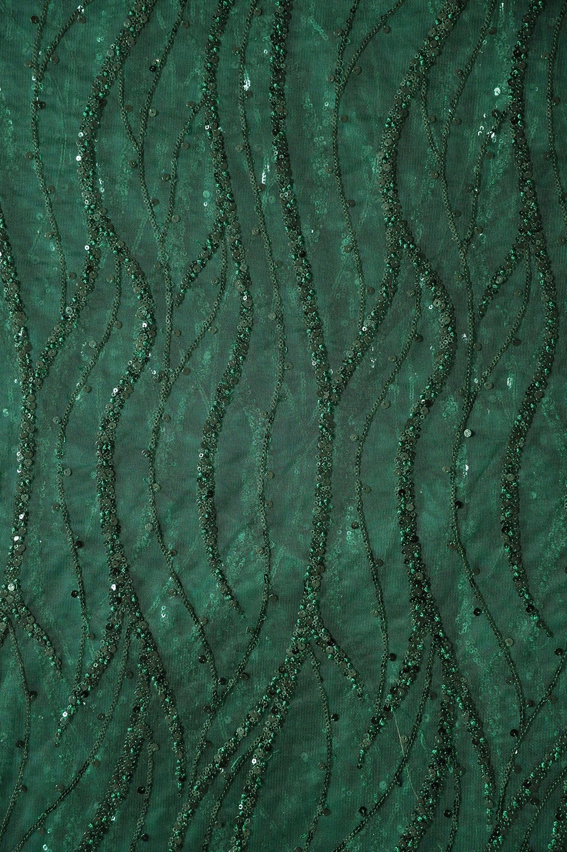 Beautiful Sequins With Green Thread Wavy Embroidery Work On Bottle Green Soft Net Fabric - doeraa