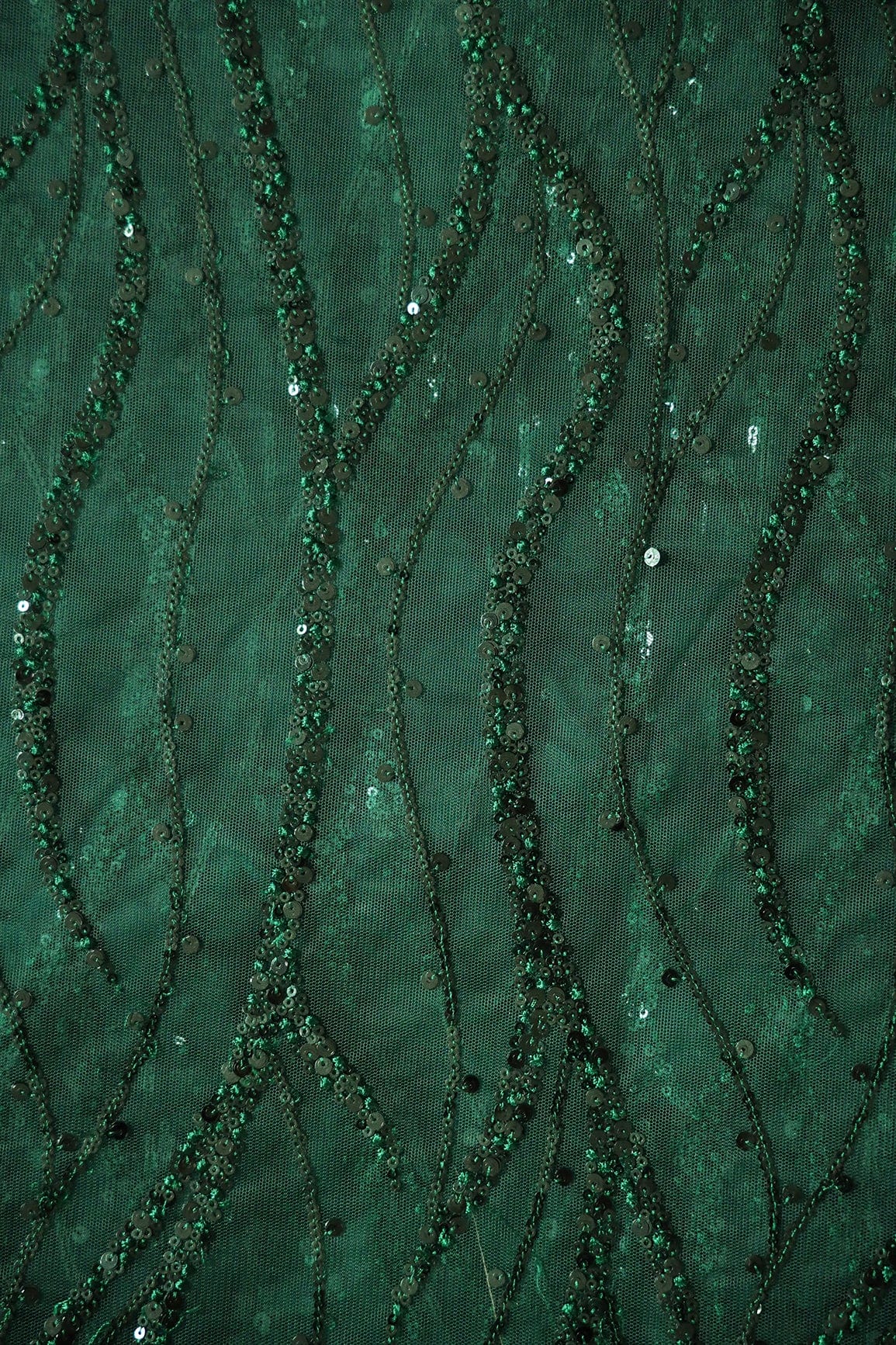 Beautiful Sequins With Green Thread Wavy Embroidery Work On Bottle Green Soft Net Fabric - doeraa