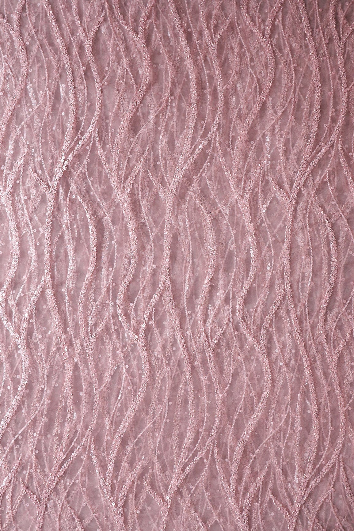 Beautiful Sequins With Mauve Thread Wavy Embroidery Work On Mauve Soft Net Fabric - doeraa