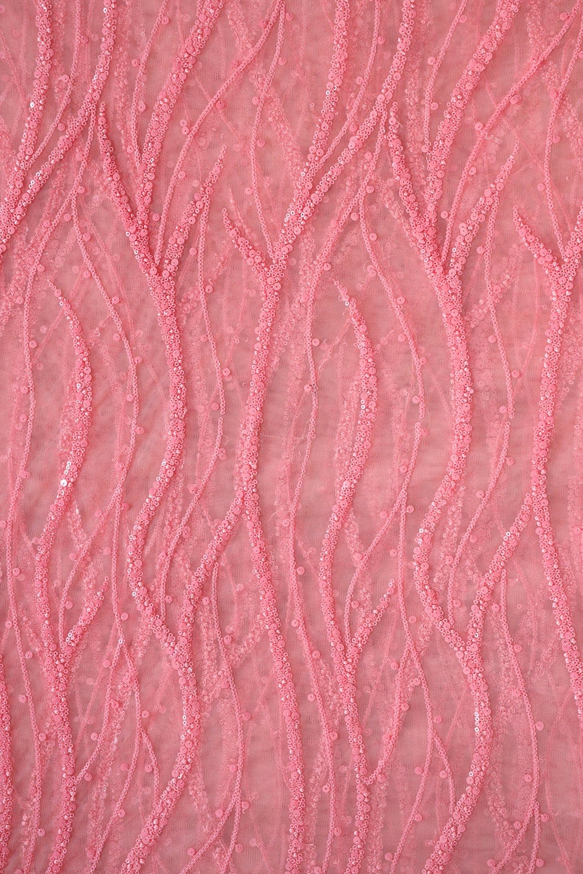 Beautiful Sequins With Pink Thread Wavy Embroidery Work On Pink Soft Net Fabric - doeraa