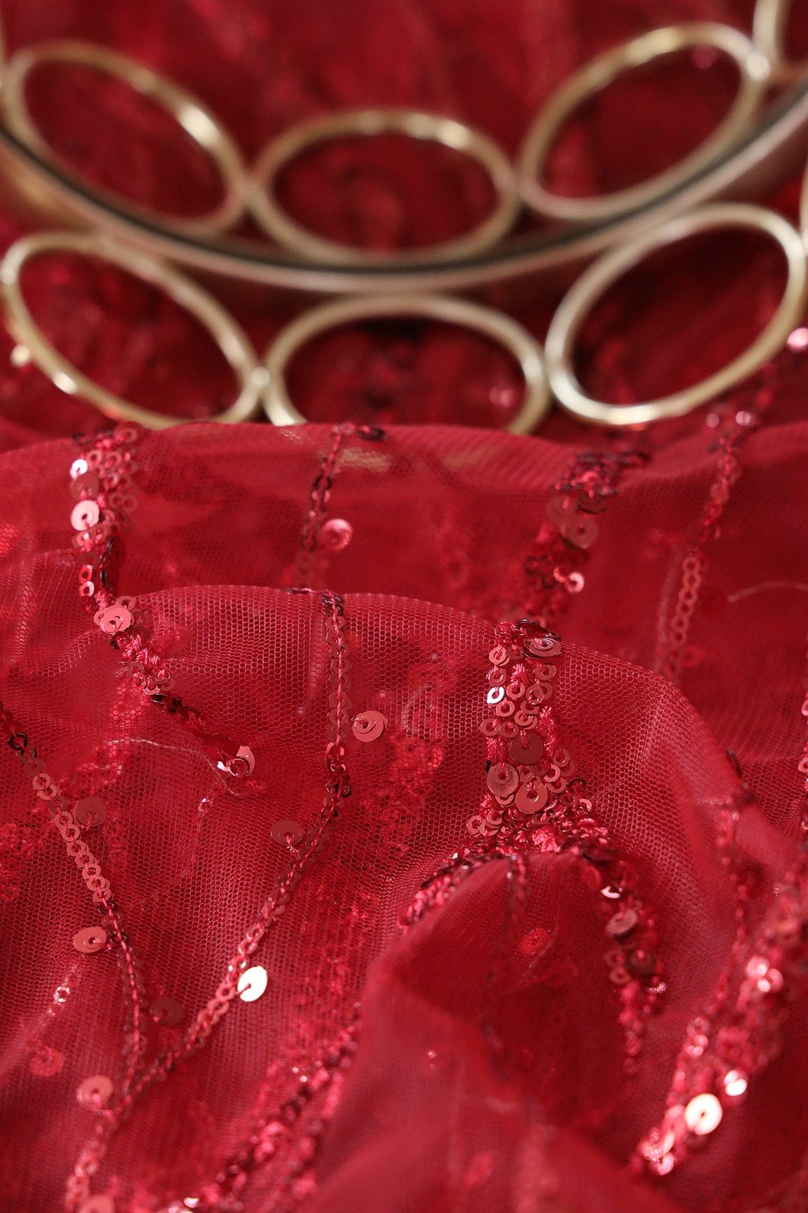 Beautiful Sequins With Red Thread Wavy Embroidery Work On Red Soft Net Fabric - doeraa
