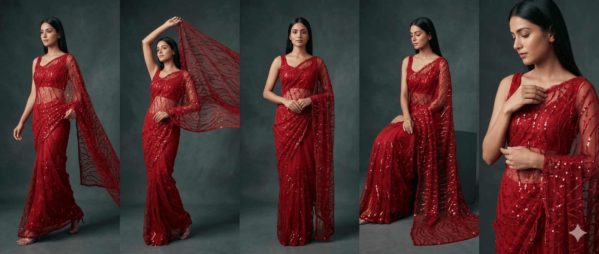 Beautiful Sequins With Red Thread Wavy Embroidery Work On Red Soft Net Fabric - doeraa