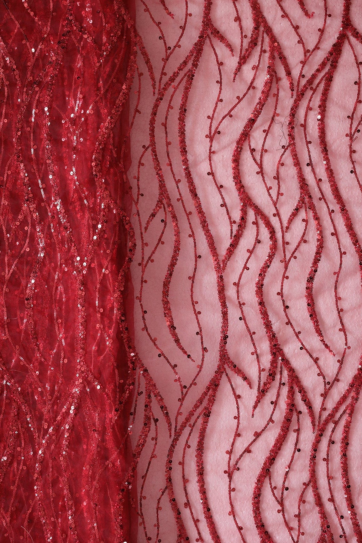 Beautiful Sequins With Red Thread Wavy Embroidery Work On Red Soft Net Fabric - doeraa