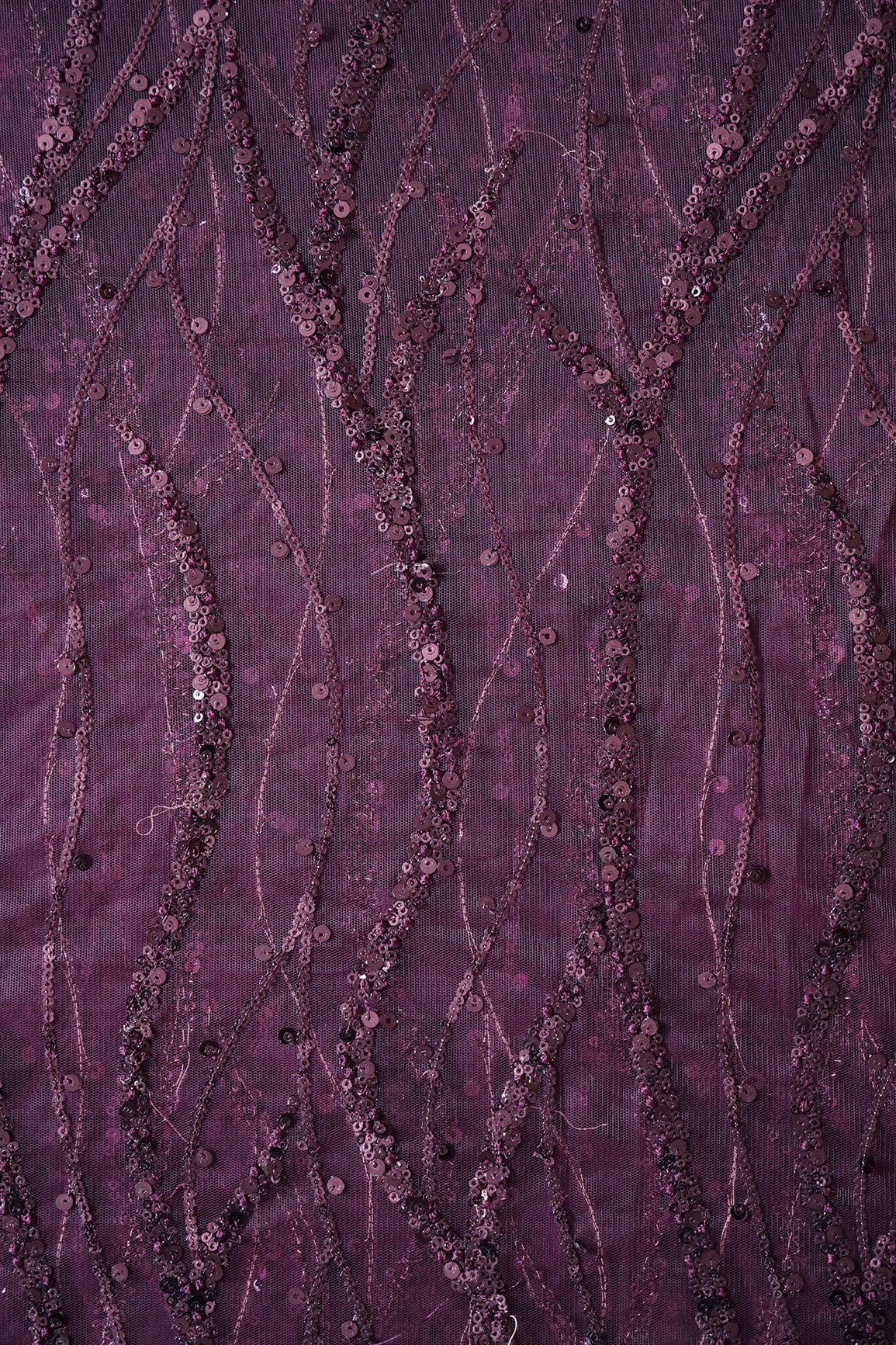 Beautiful Sequins With Wine Thread Wavy Embroidery Work On Wine Soft Net Fabric - doeraa