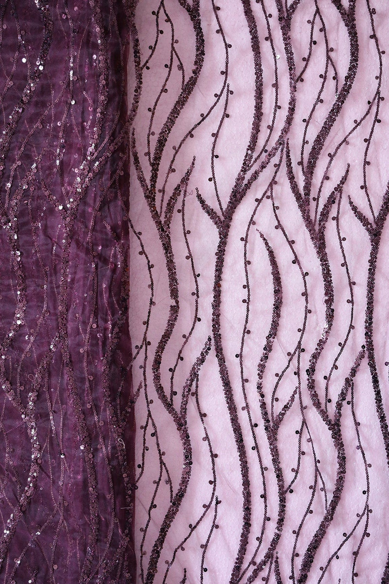 Beautiful Sequins With Wine Thread Wavy Embroidery Work On Wine Soft Net  Fabric