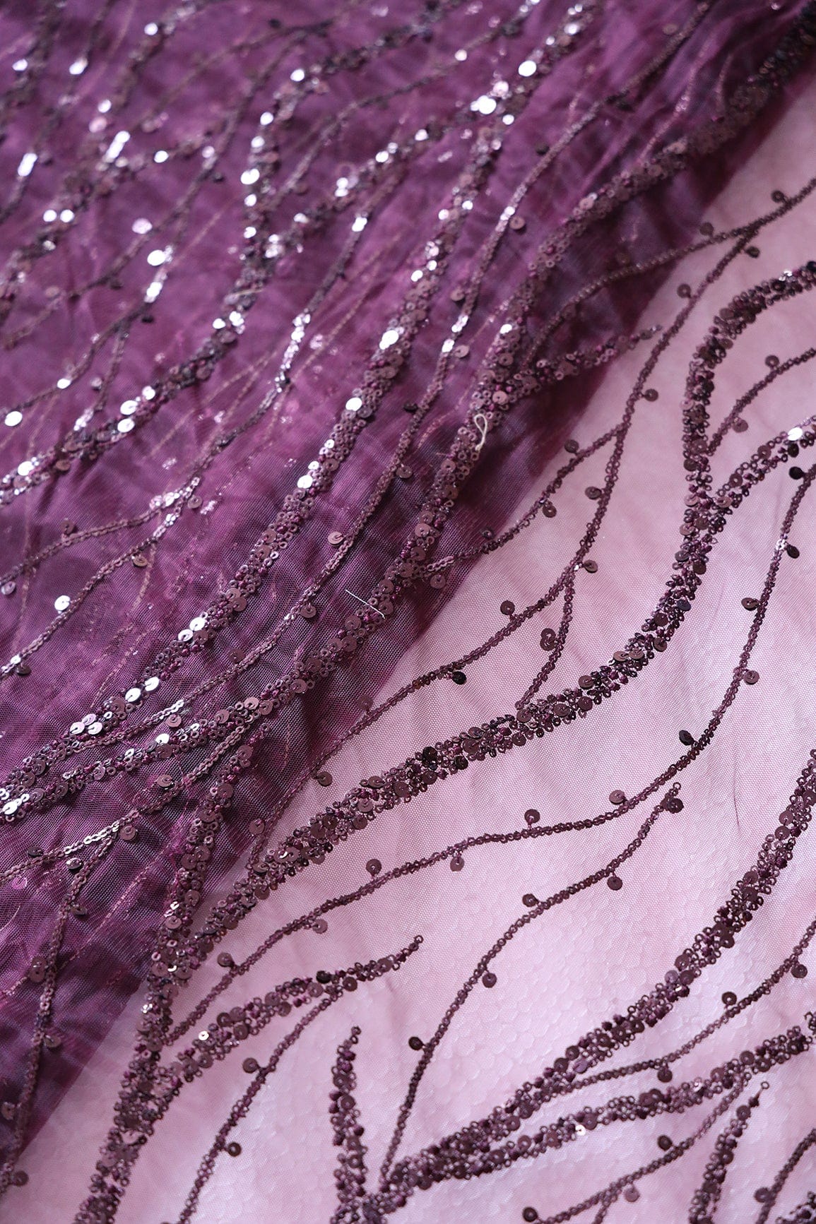 Beautiful Sequins With Wine Thread Wavy Embroidery Work On Wine Soft Net Fabric - doeraa