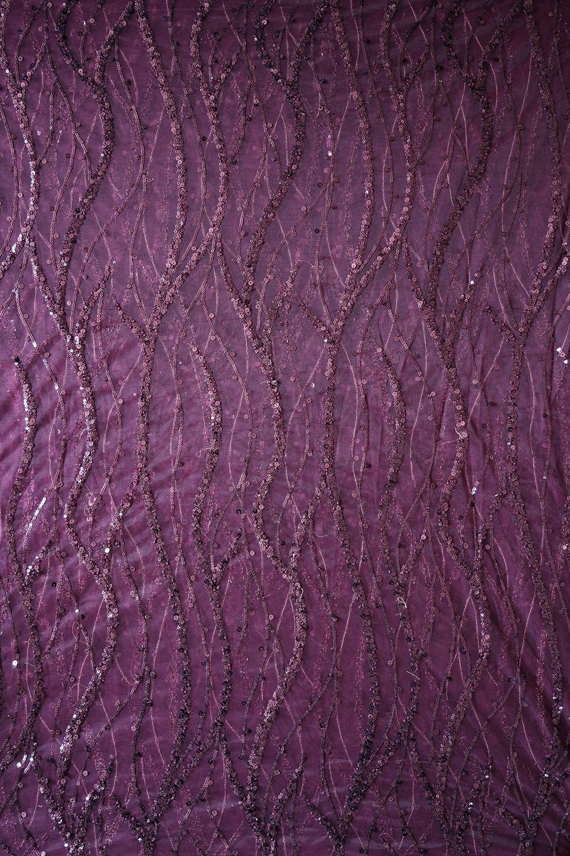 Beautiful Sequins With Wine Thread Wavy Embroidery Work On Wine Soft Net Fabric - doeraa