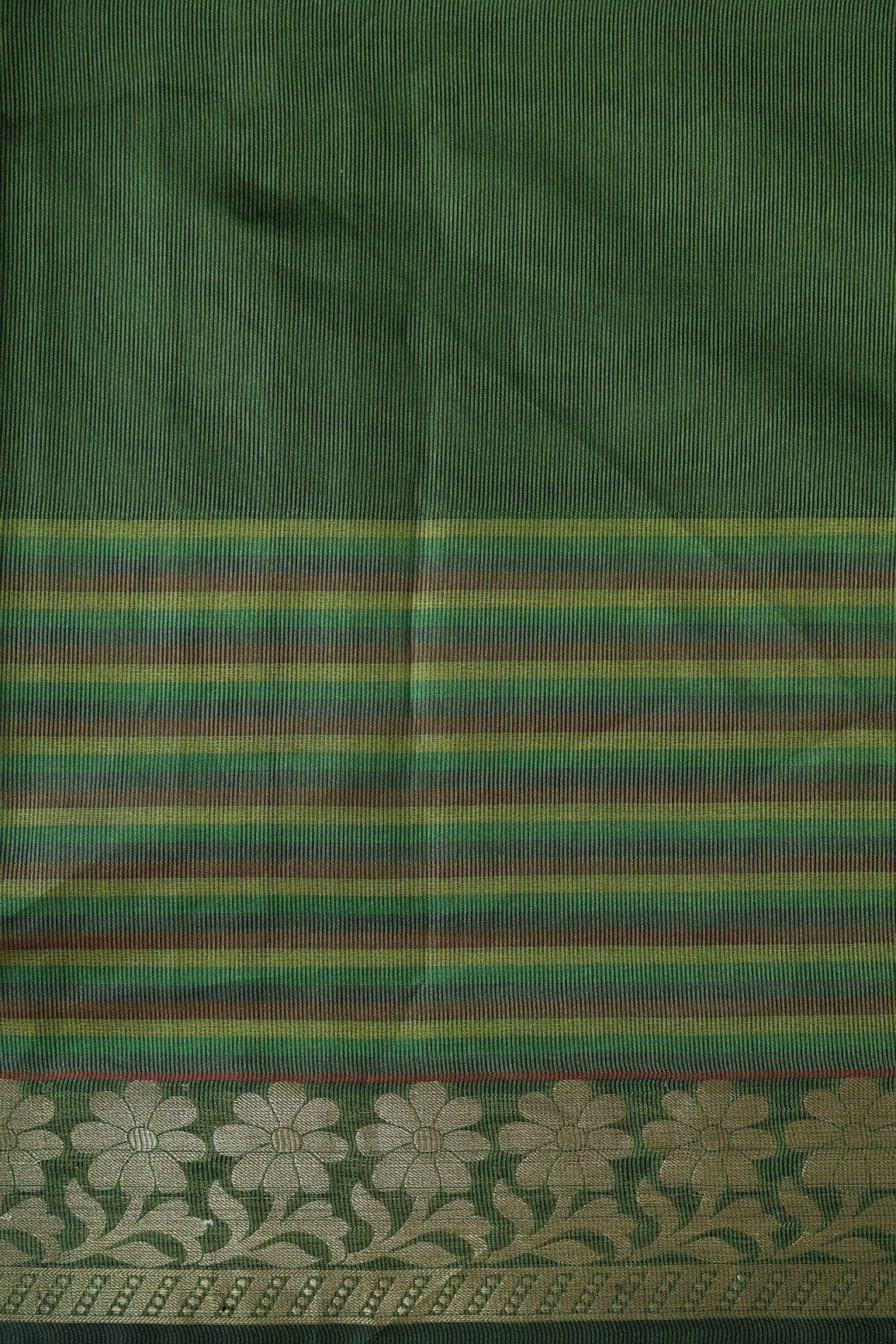 Beautiful Stripes With Floral Zari Jacquard Border Dark Olive Organza Fabric - doeraa