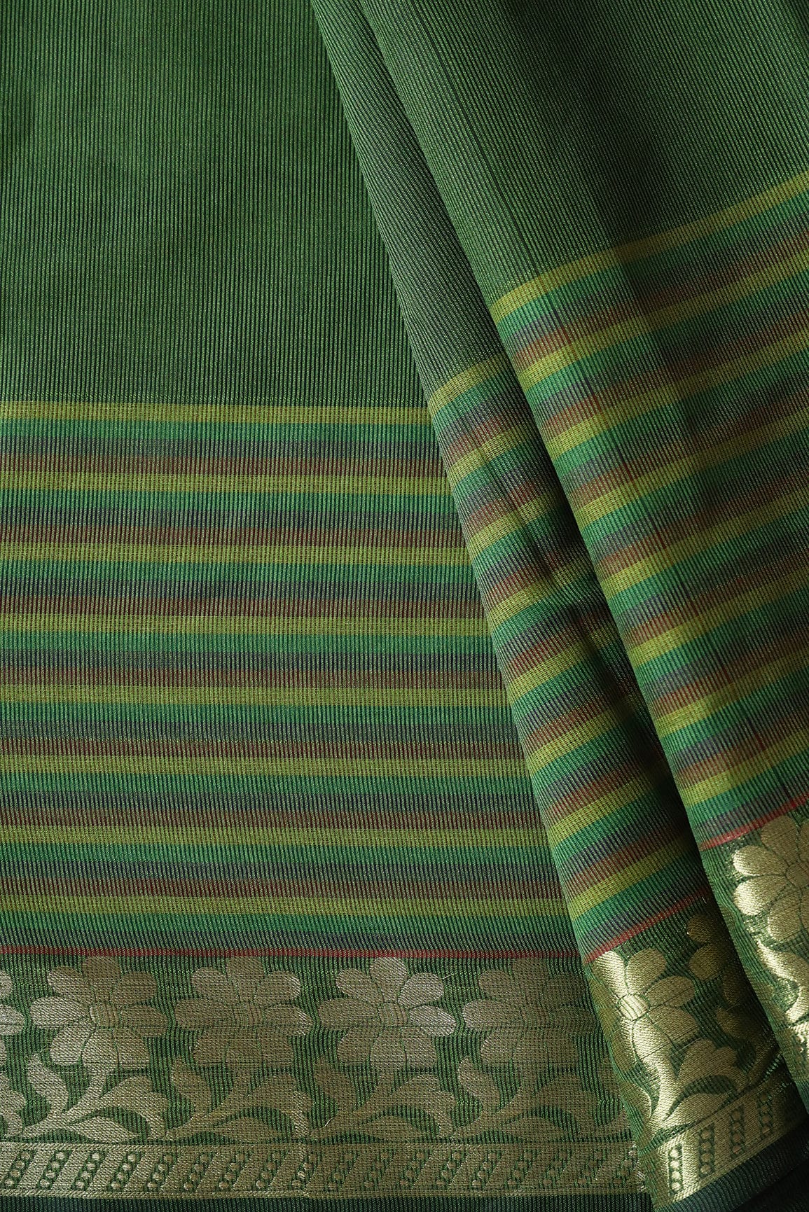 Beautiful Stripes With Floral Zari Jacquard Border Dark Olive Organza Fabric - doeraa