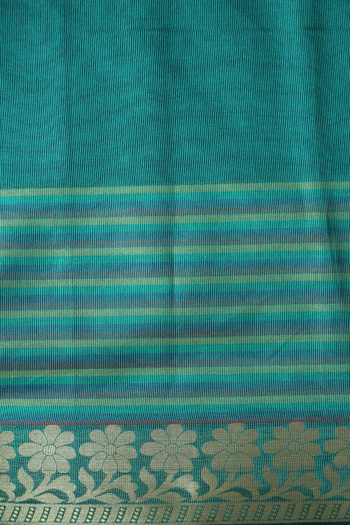 Beautiful Stripes With Floral Zari Jacquard Border Turquoise Organza Fabric - doeraa