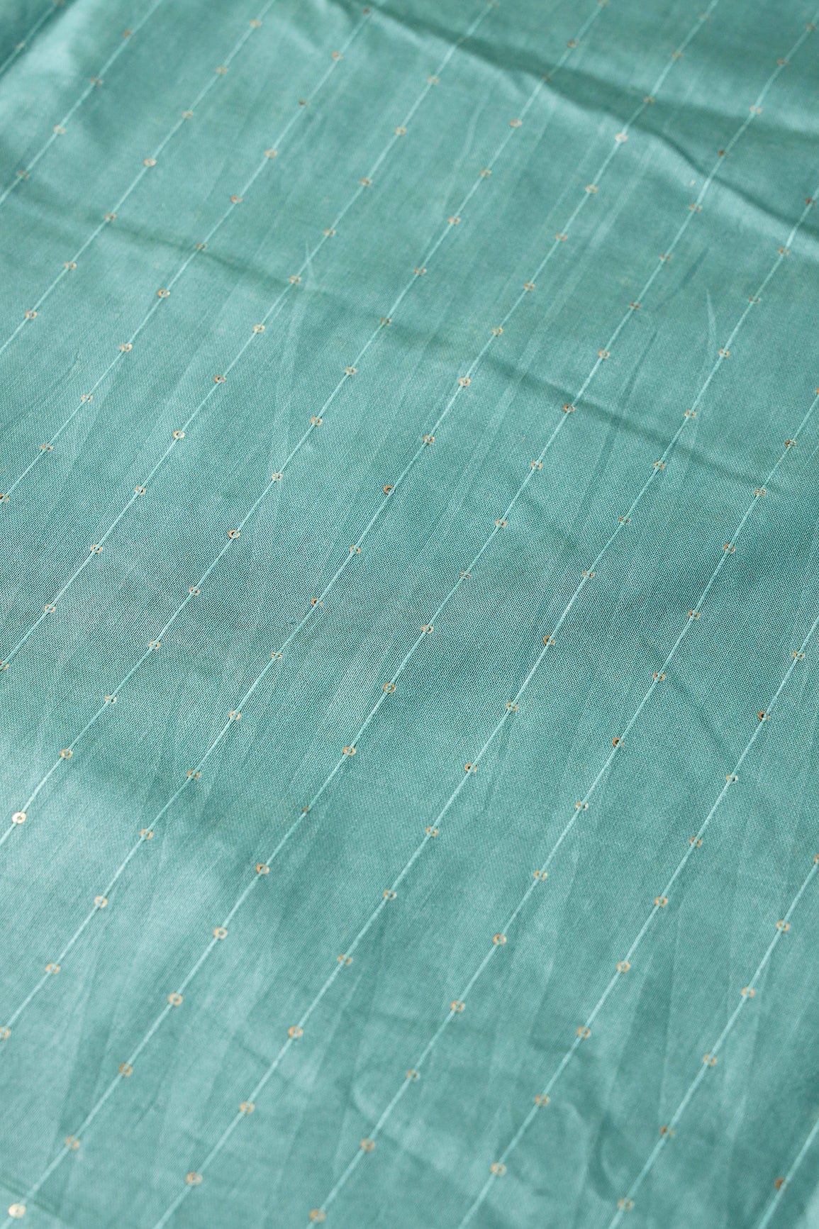 Beautiful Teal Thread With Gold Sequins Stripes Embroidery On Teal Viscose Chanderi Silk Fabric - doeraa