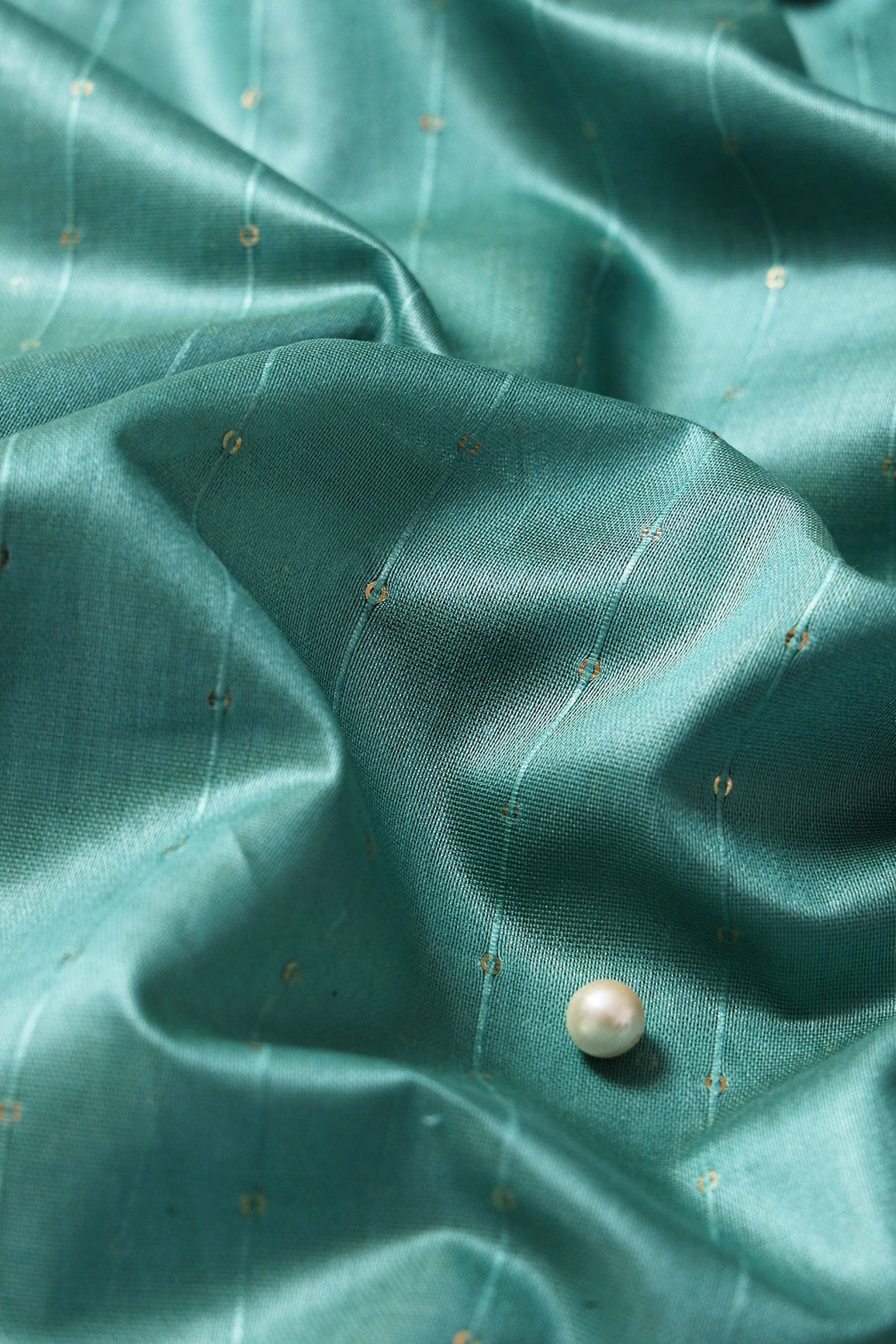 Beautiful Teal Thread With Gold Sequins Stripes Embroidery On Teal Viscose Chanderi Silk Fabric - doeraa