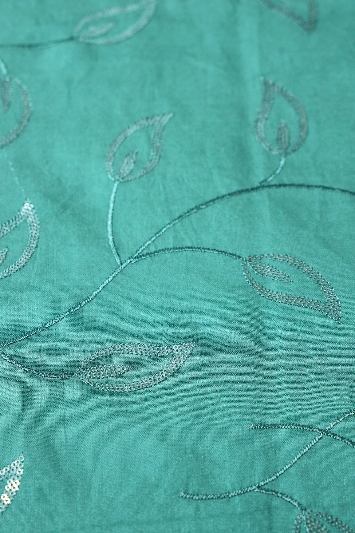 Beautiful Water Sequins Leafy Embroidery On Teal Pure Chanderi Silk Fabric - doeraa